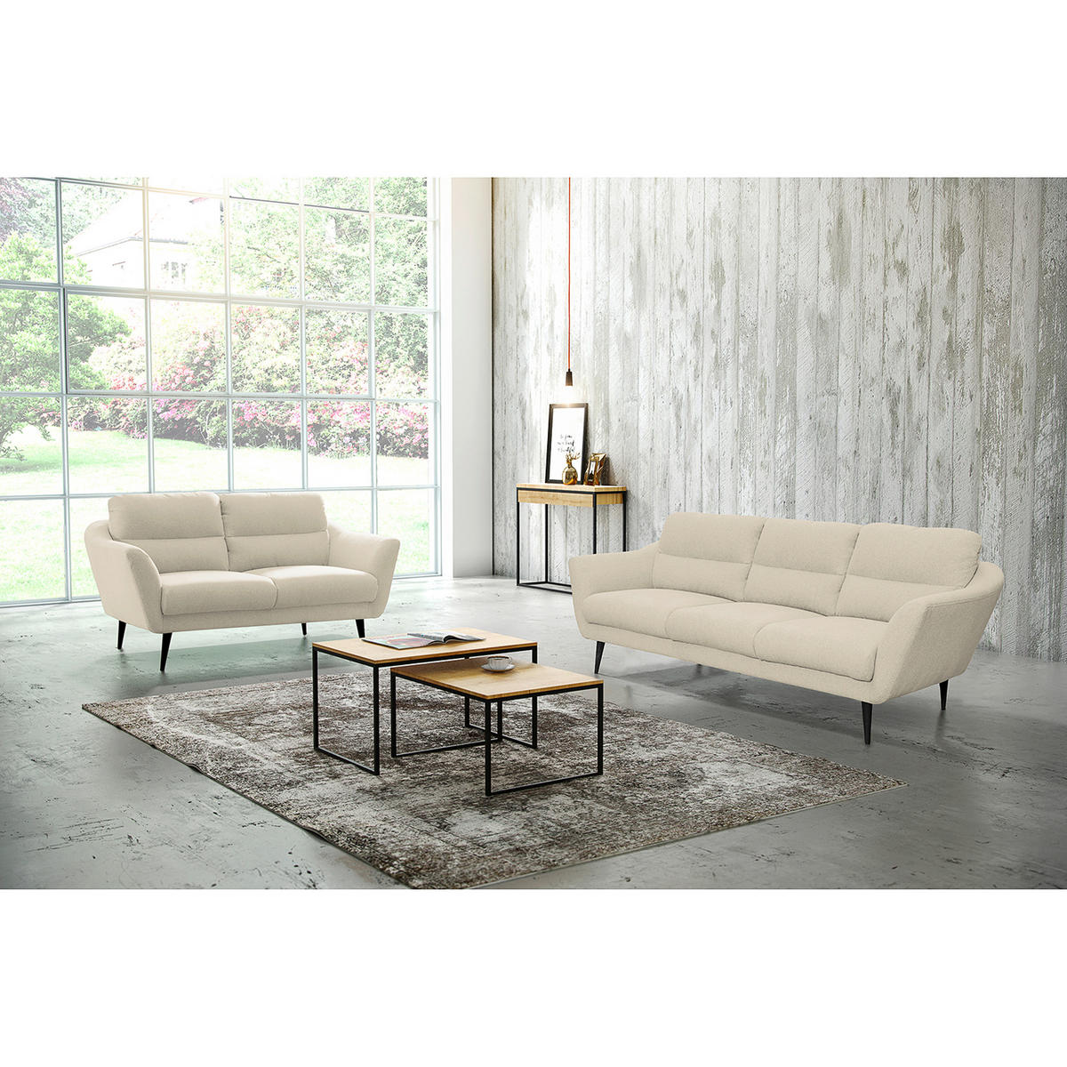 3-SITZER-SOFA in Webstoff Creme  - Creme/Schwarz, Design, Holz/Textil (209/87/88cm) - Livetastic
