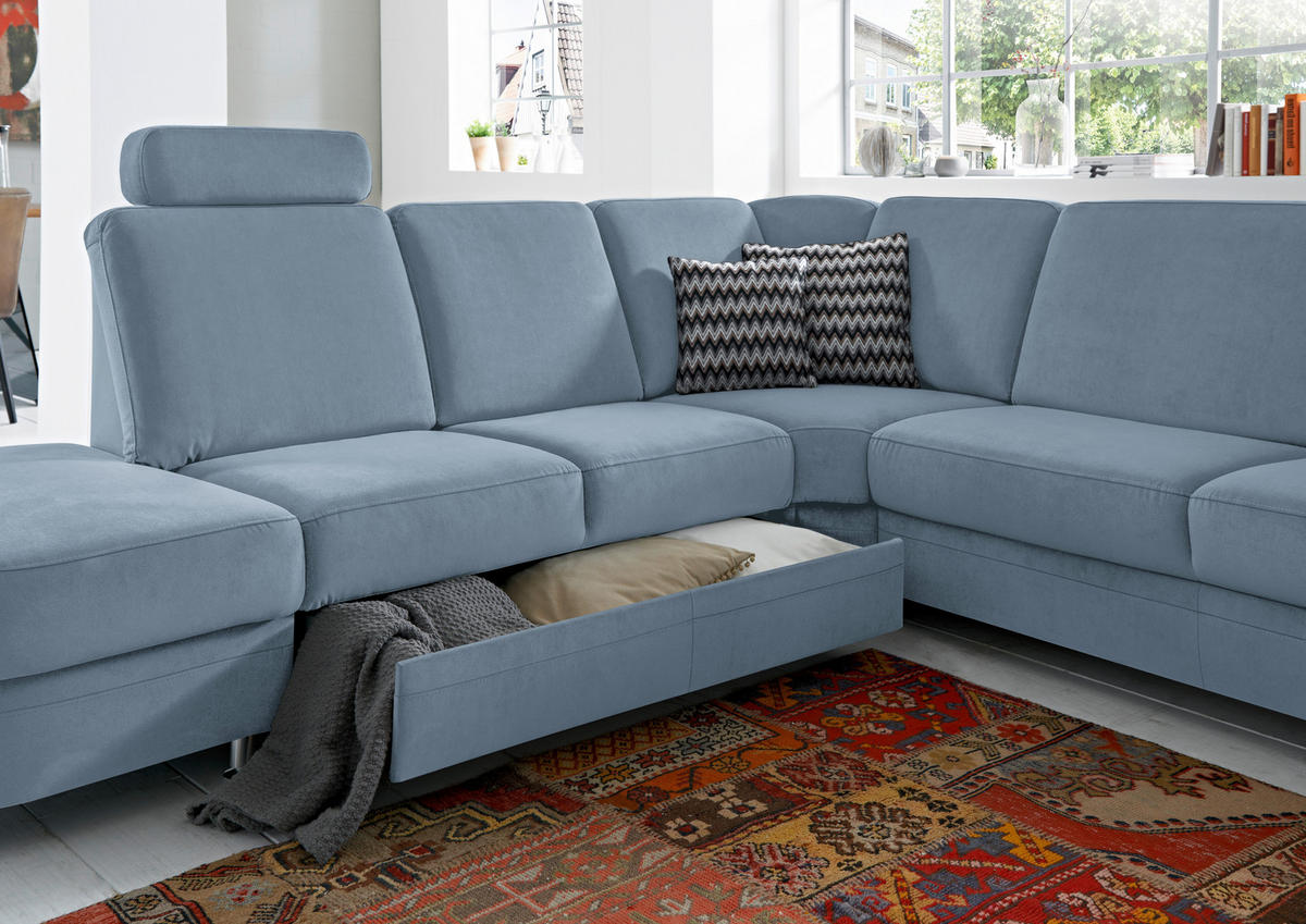 ECKSOFA in Flachgewebe Blau  287/269 cm  - Blau/Alufarben, KONVENTIONELL, Textil/Metall (287/269cm) - Beldomo System