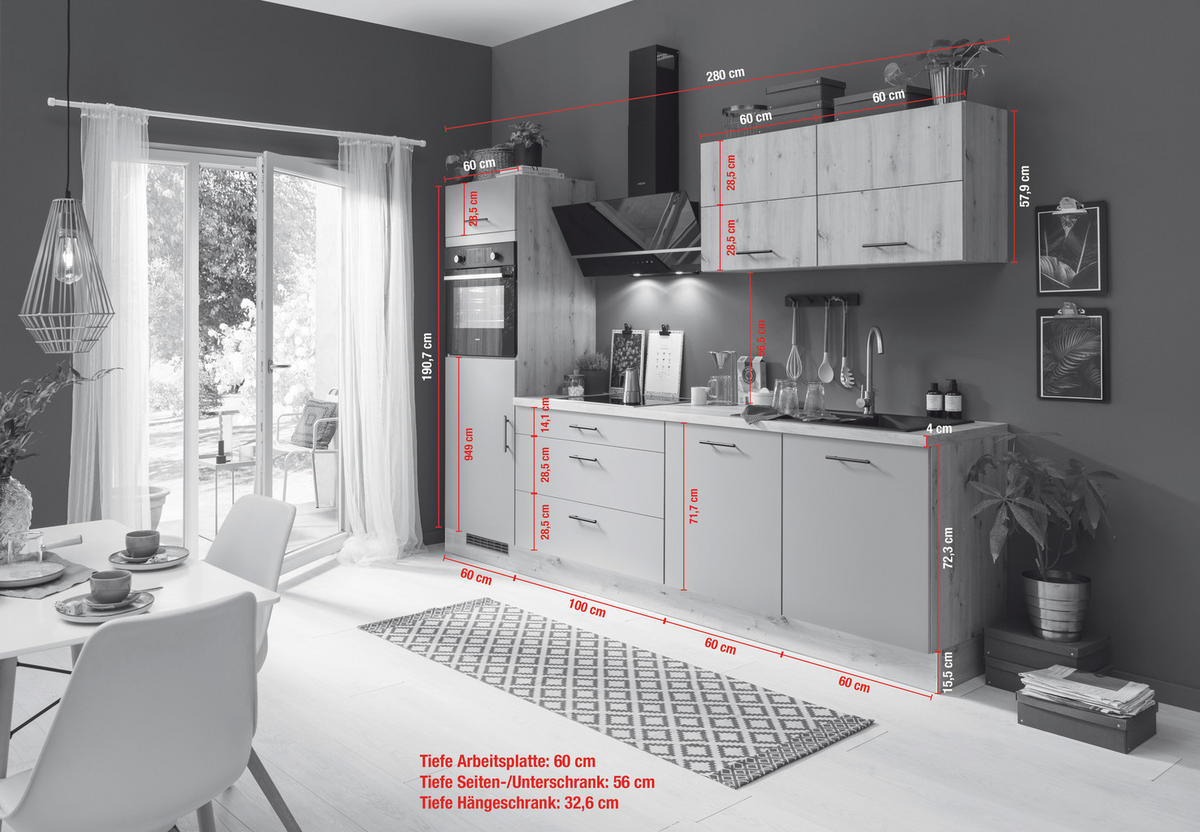 KÜCHENLEERBLOCK 280 cm   Eichefarben, Hellgrau  - Eichefarben/Hellgrau, Basics, Holzwerkstoff/Metall (280cm) - Impuls