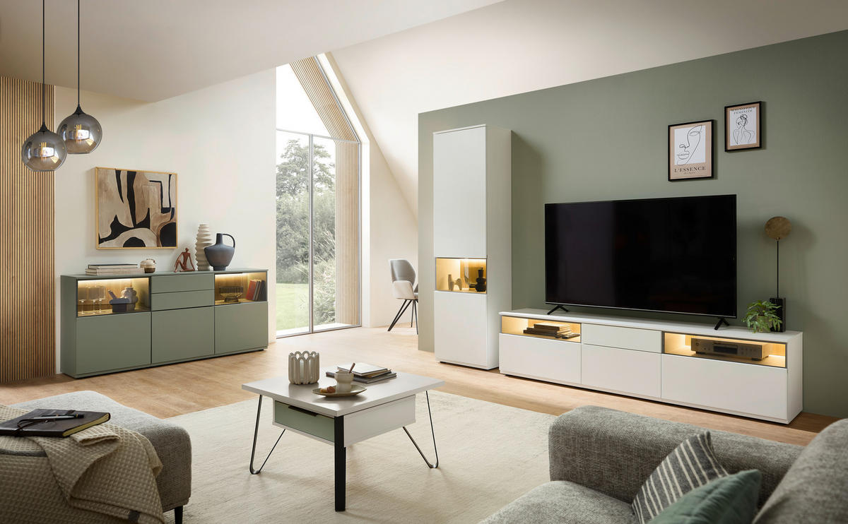 SIDEBOARD Eichefarben, Schilfgrün  180/85/40 cm  - Schilfgrün/Eichefarben, KONVENTIONELL, Glas/Holzwerkstoff (180/85/40cm) - Venda