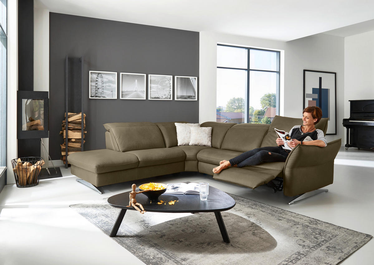 ECKSOFA in Echtleder Mokka  - Edelstahlfarben/Mokka, Design, Leder/Metall (258/292cm) - Hukla
