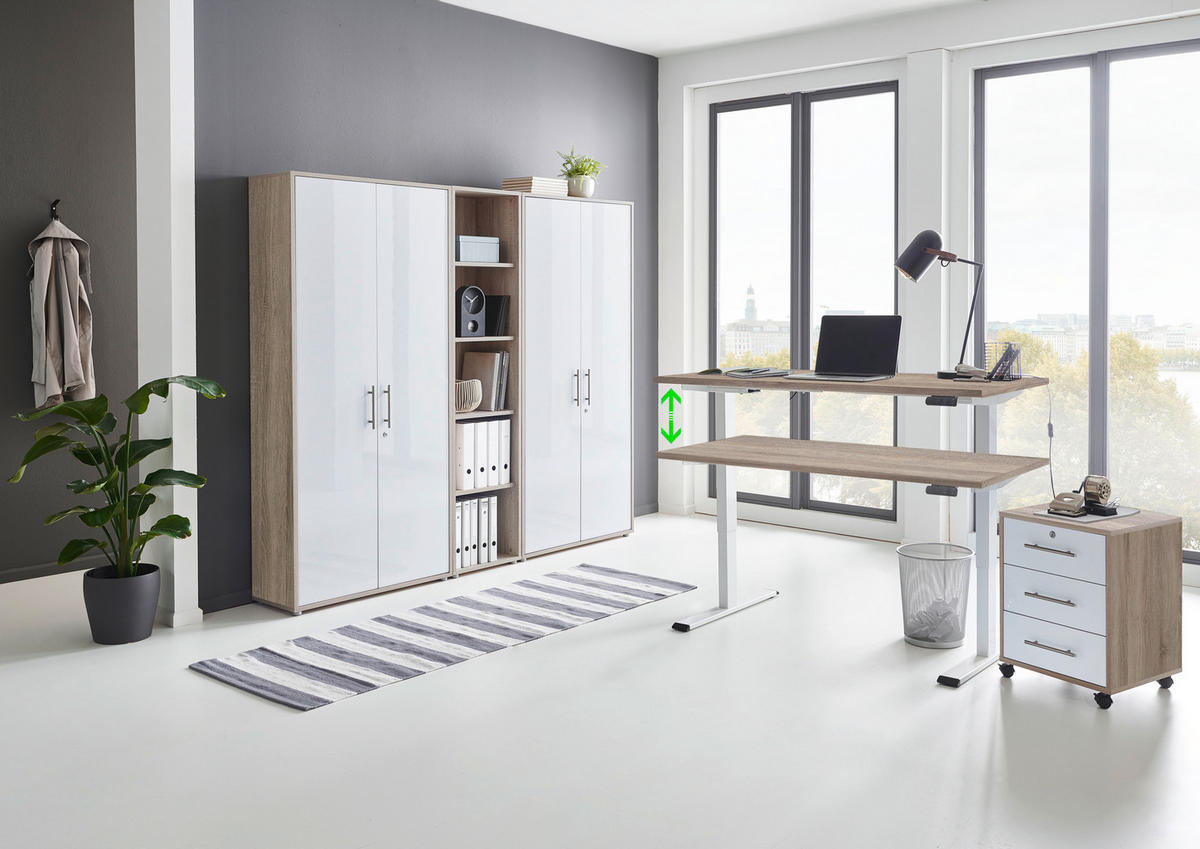 BÜRO erweiterbar, abschließbar Sonoma Eiche, Weiß Hochglanz - Weiß Hochglanz/Sonoma Eiche, MODERN - MID.YOU