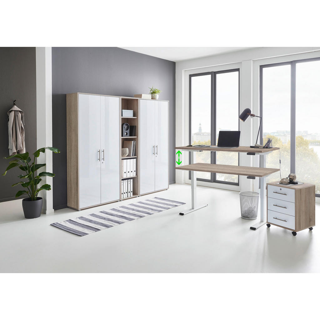 Thumbnail - Mid.you Büro Office e-Dition, Weiß, Sonoma Eiche, Metall, Holzwerkstoff, 8,4 Fächer, 3 Schubladen, Made in Germany, erwe...