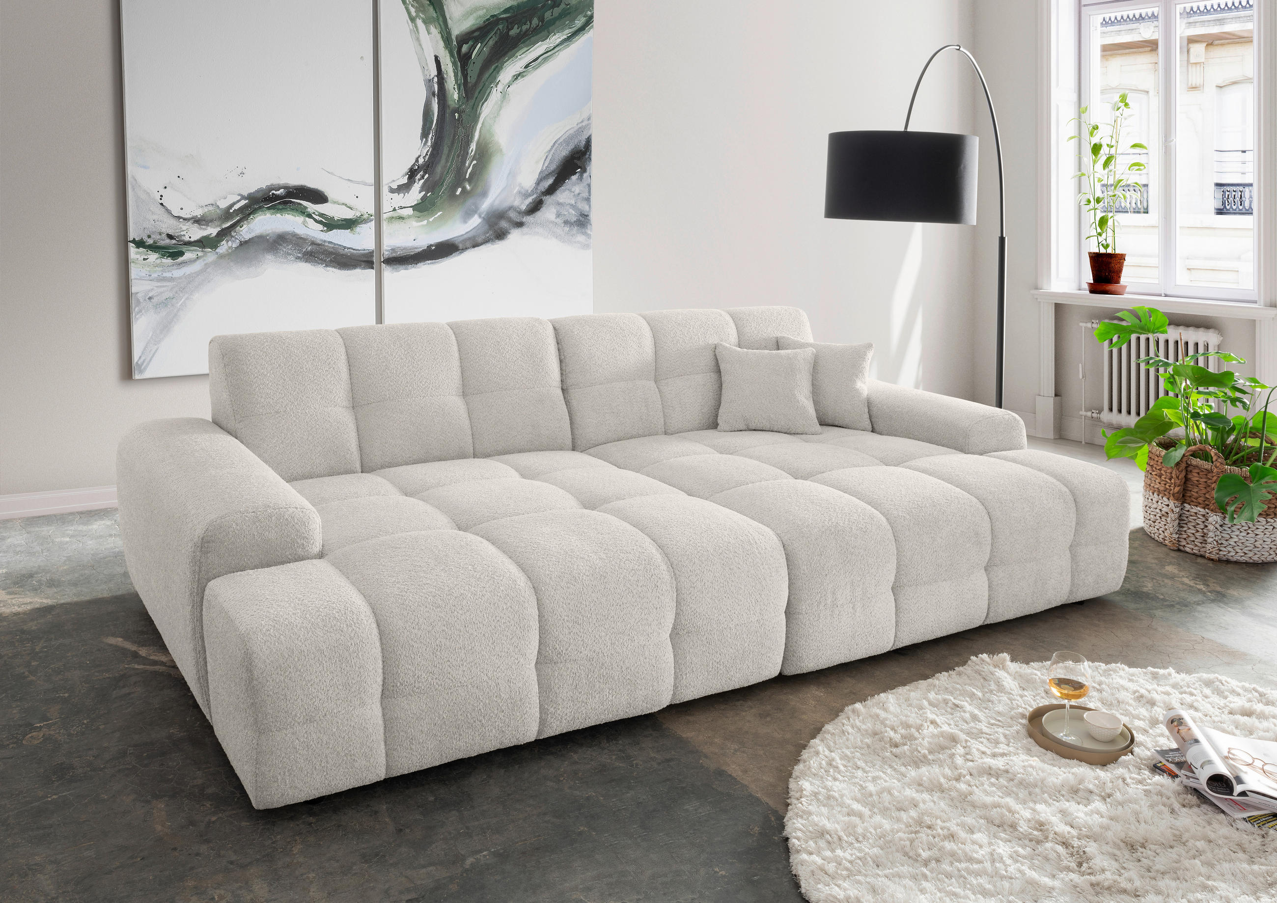 BIGSOFA in Bouclé Weiß - Schwarz/Weiß, MODERN, Kunststoff/Textil (304/87/155cm) - Livetastic