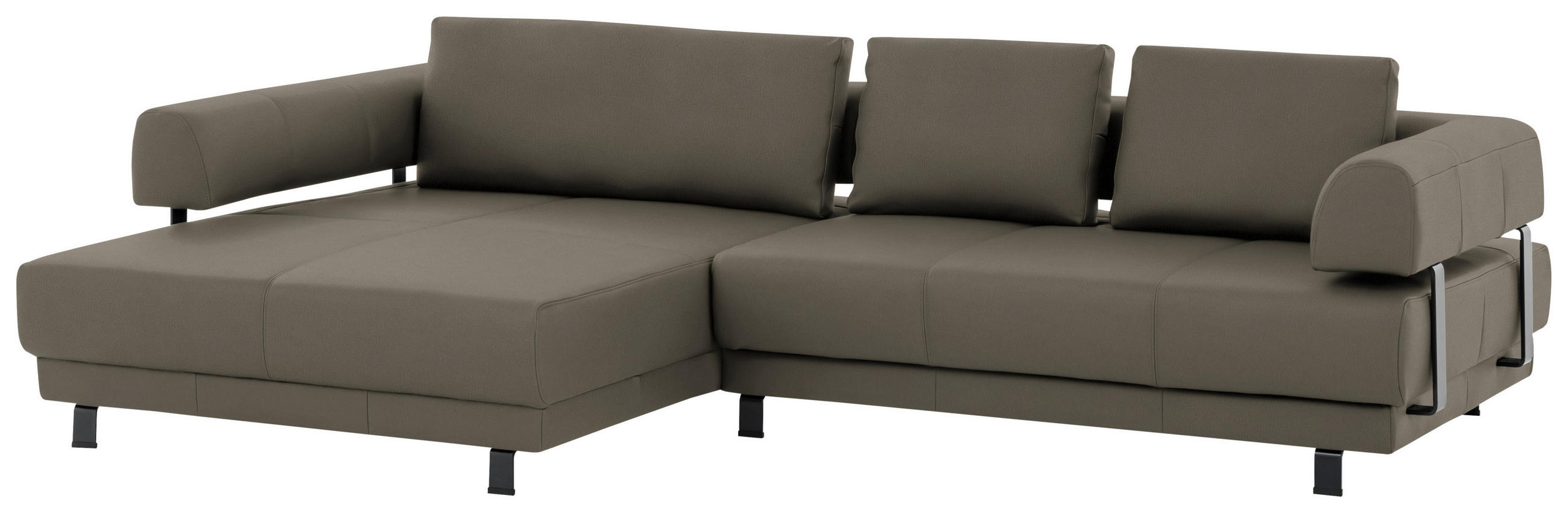 ECKSOFA in Echtleder Graubraun  - Graubraun/Schwarz, Design, Leder/Metall (188/307cm)