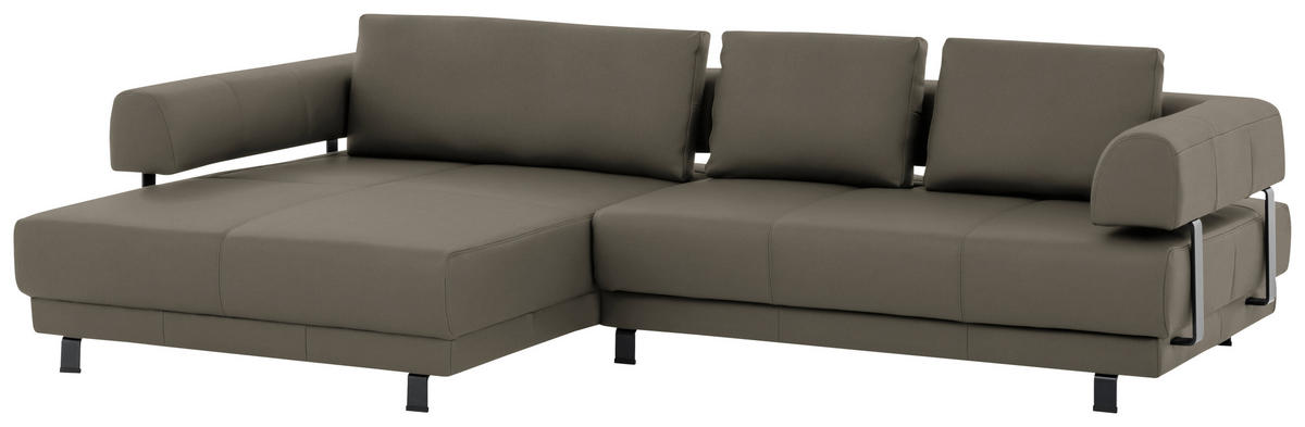 ECKSOFA in Echtleder Graubraun  - Graubraun/Schwarz, Design, Leder/Metall (188/307cm)