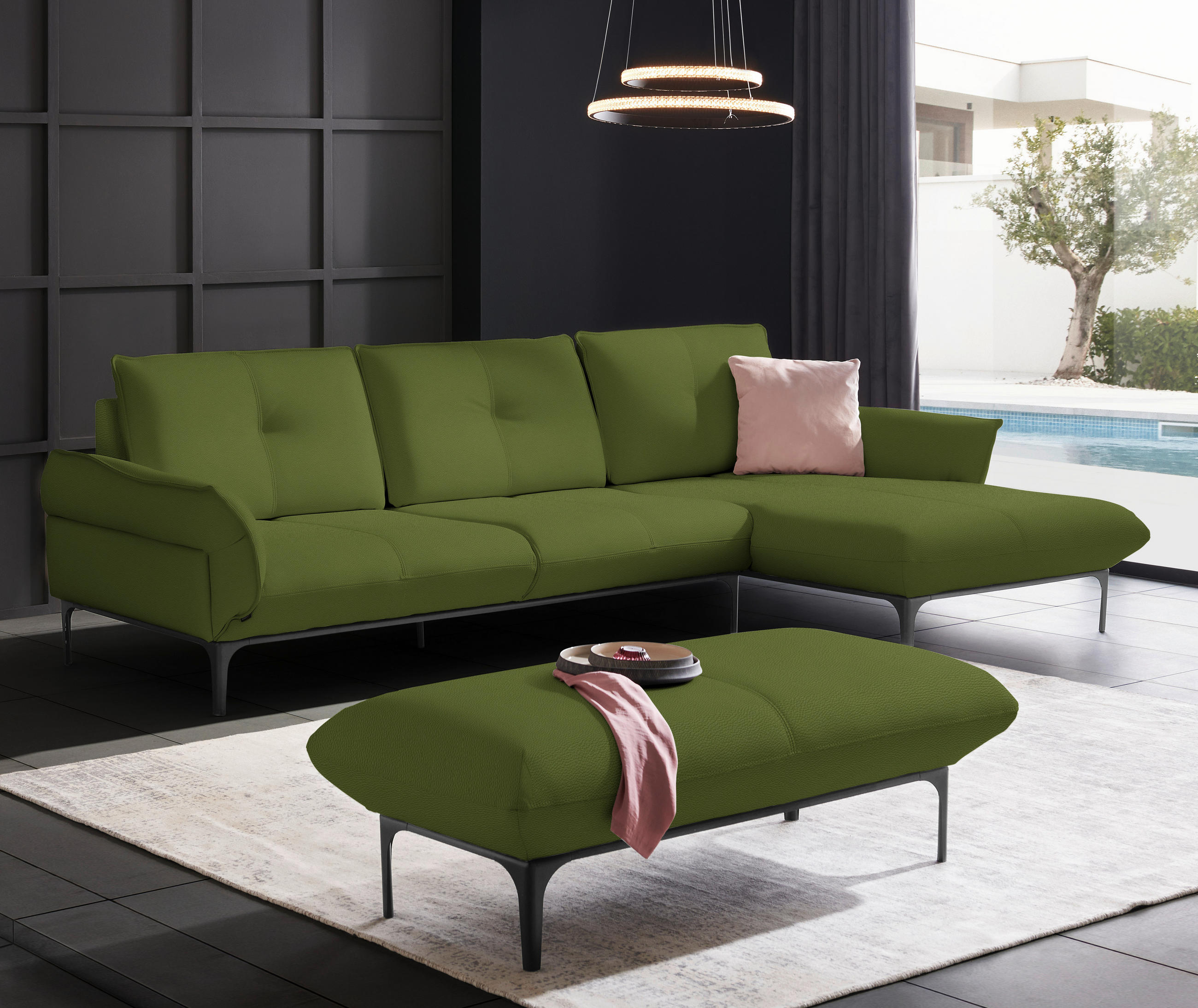 ECKSOFA in Echtleder Grün  - Schwarz/Grün, Design, Leder/Metall (319/182cm) - Valnatura
