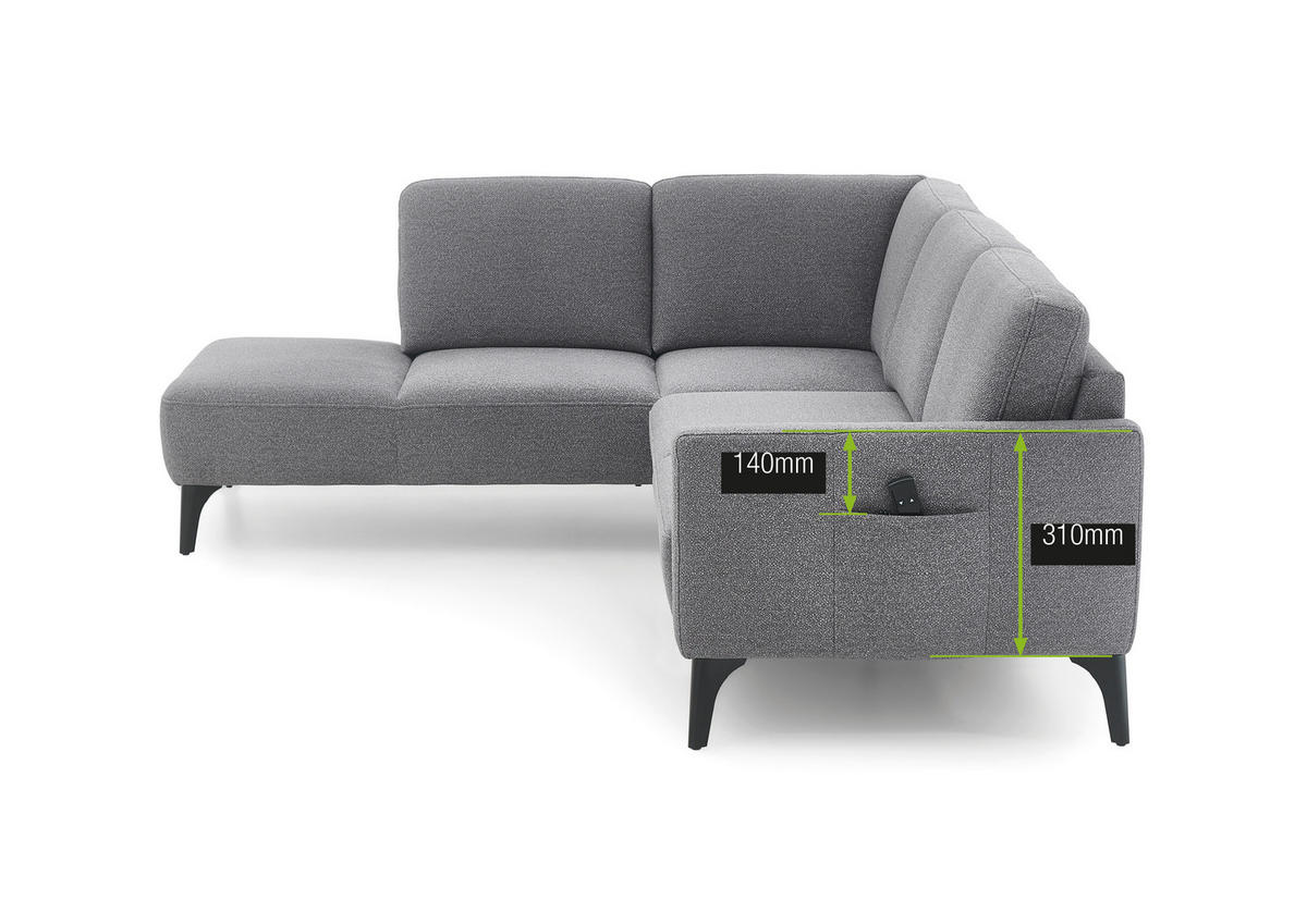 ECKSOFA Grau Flachgewebe  - Schwarz/Grau, KONVENTIONELL, Textil/Metall (218/255cm) - Elegando