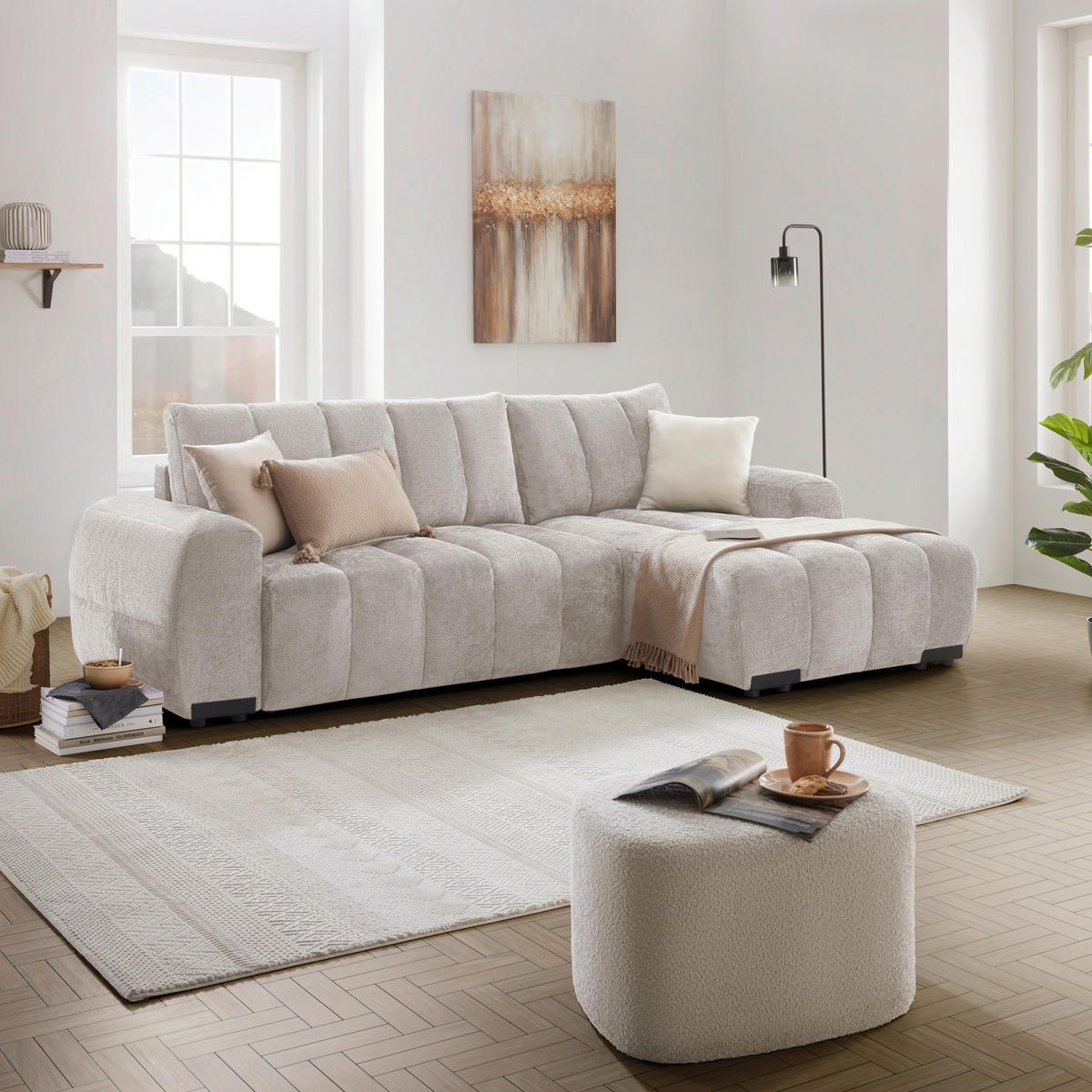 ECKSOFA Flachgewebe Creme  - Schwarz Hochglanz/Creme, Modern, Textil/Metall (273/93/166cm) - MID.YOU