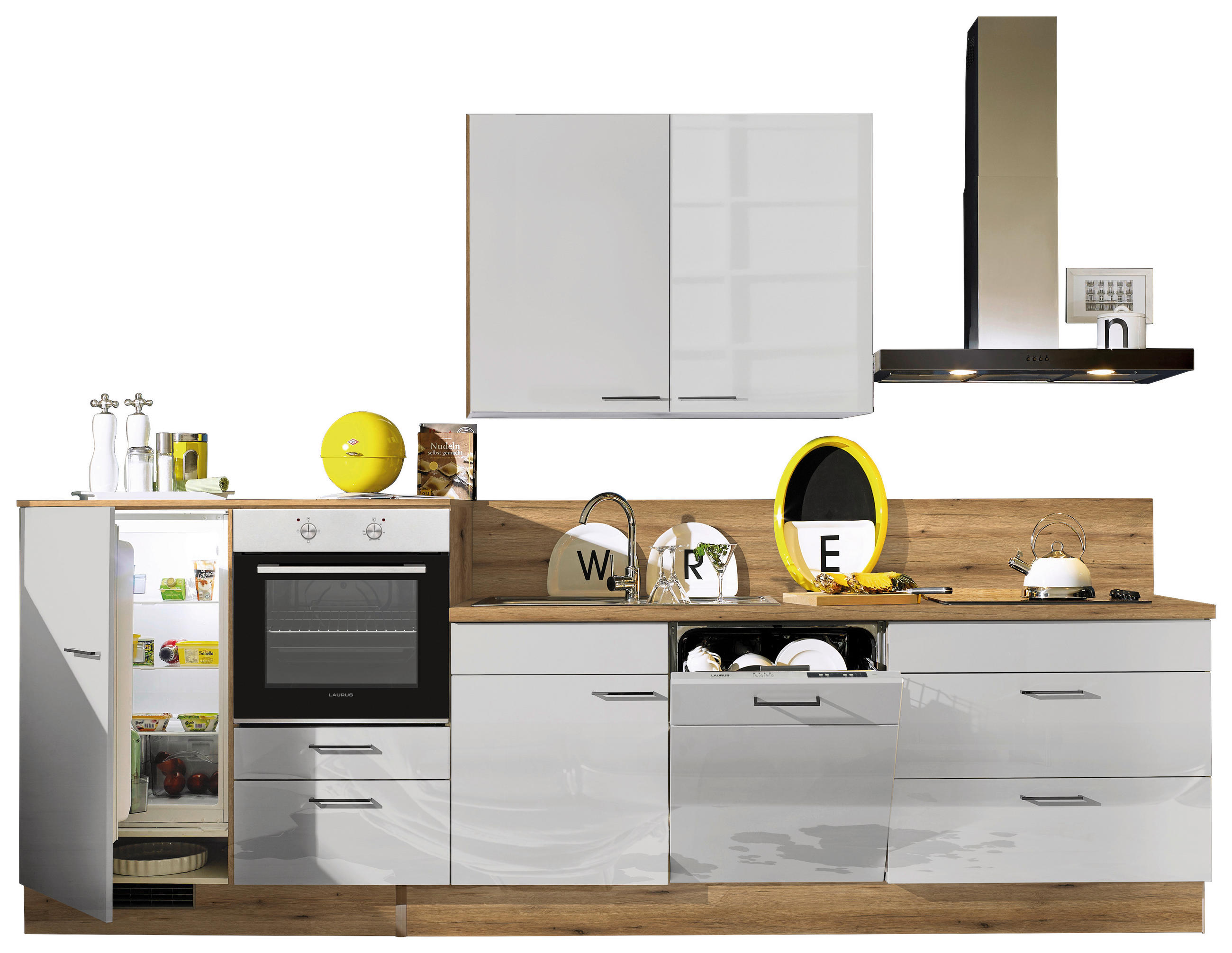 KÜCHENBLOCK 330 cm   in Eichefarben, Grau Hochglanz  - Eichefarben/Grau Hochglanz, Design, Holzwerkstoff/Metall (330cm) - Xora