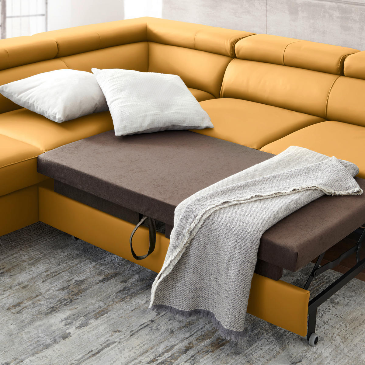 ECKSOFA in Echtleder Currygelb  - Currygelb/Schwarz, Design, Leder/Metall (220/256cm) - Celina Home