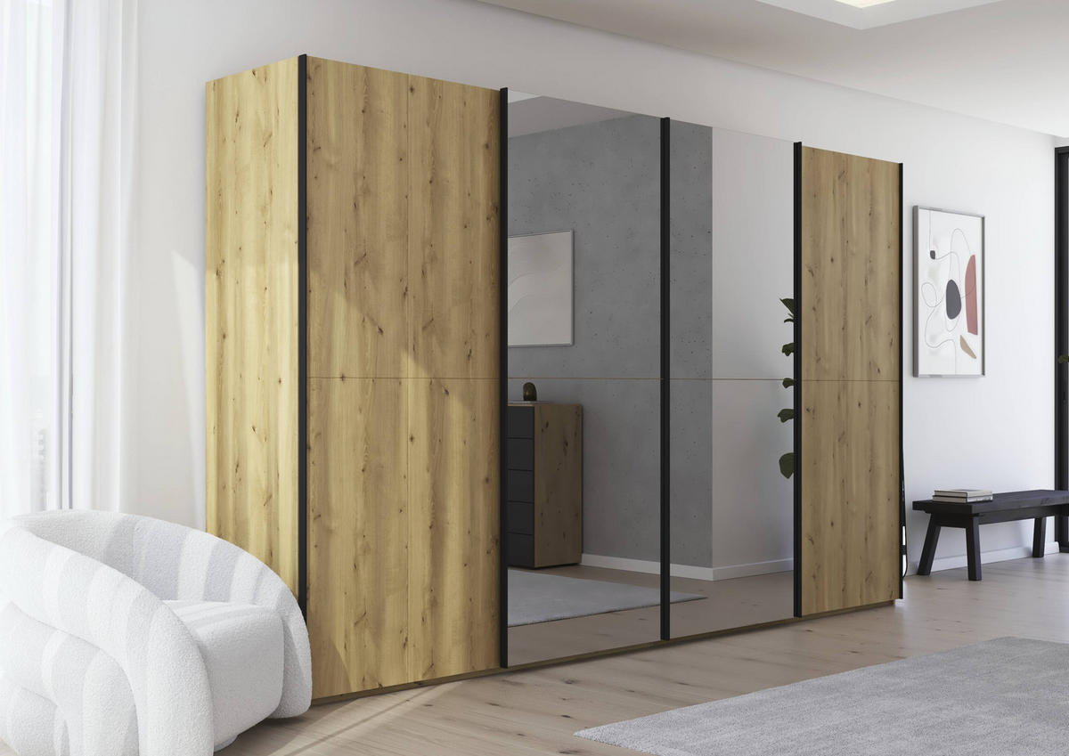 SCHWEBETÜRENSCHRANK 360/223/68 cm 4-türig Eichefarben  - Eichefarben/Schwarz, Design, Holz/Holzwerkstoff (360/223/68cm) - Novel