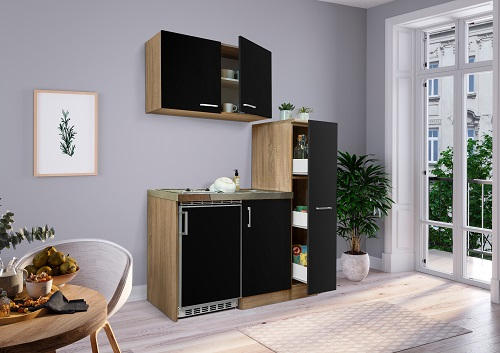 MINIKÜCHE 130 cm   in Schwarz, Eichefarben  - Edelstahlfarben/Eichefarben, Modern, Holzwerkstoff/Metall (130cm) - Respekta