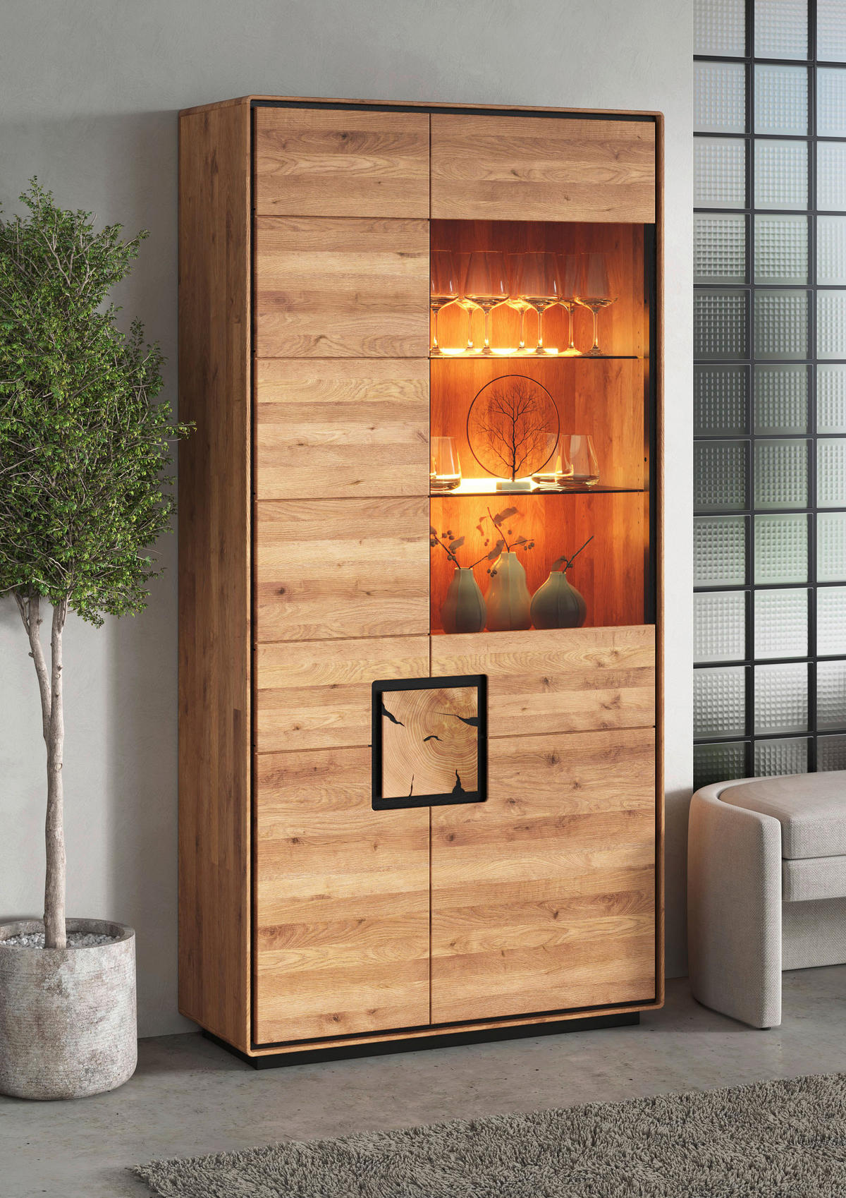 VITRINE  in massiv Wildeiche Schwarz, Wildeiche  - Wildeiche/Schwarz, Basics, Holz (100cm) - Livetastic