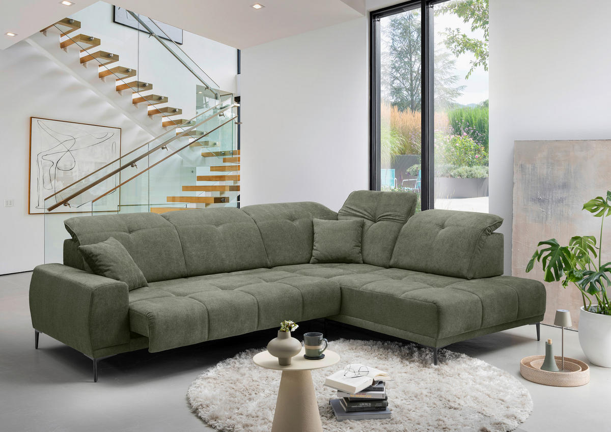 ECKSOFA NESTO Dunkelgrün Chenille Zierkissen, Kopfteilverstellung, Sitzvorzug  - Dunkelgrün/Schwarz, Basics, Textil/Metall (305/232cm) - Livetastic