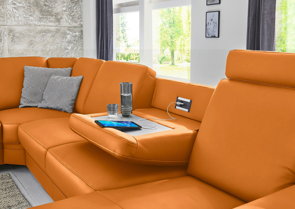 WOHNLANDSCHAFT Echtleder Currygelb  - Currygelb/Alufarben, Konventionell, Leder/Metall (239/329/165cm) - Beldomo Premium