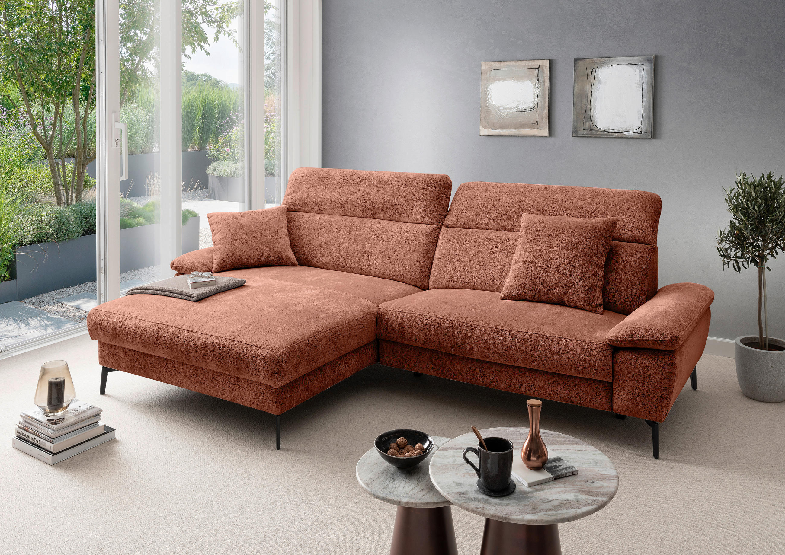 ECKSOFA Struktur Rostfarben  - Rostfarben/Schwarz, Konventionell, Textil/Metall (178/300cm) - Livetastic