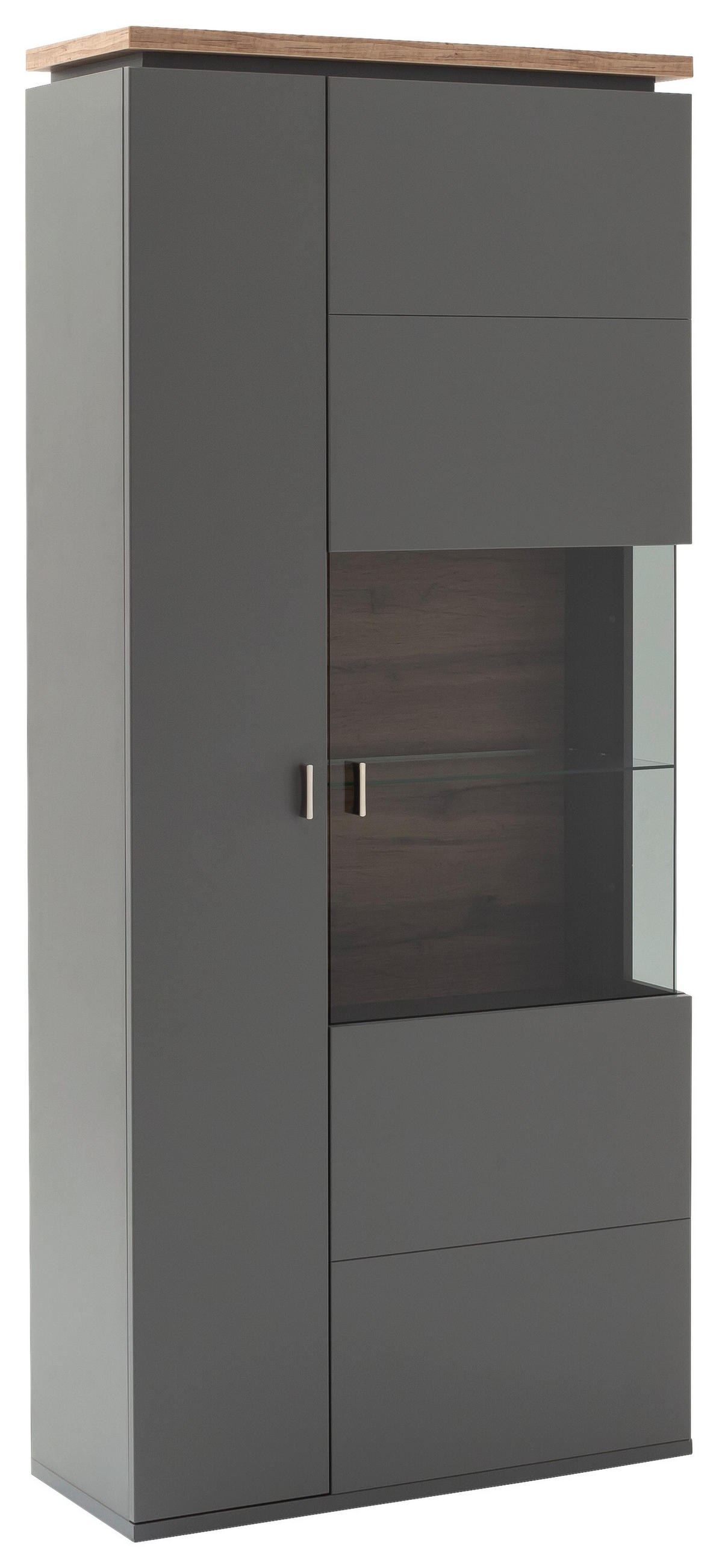 VITRINE Neapel Grau, Eiche Wotan  90/208/37 cm  - Eiche Wotan/Grau, Design, Glas/Holzwerkstoff (90/208/37cm) - Stylife