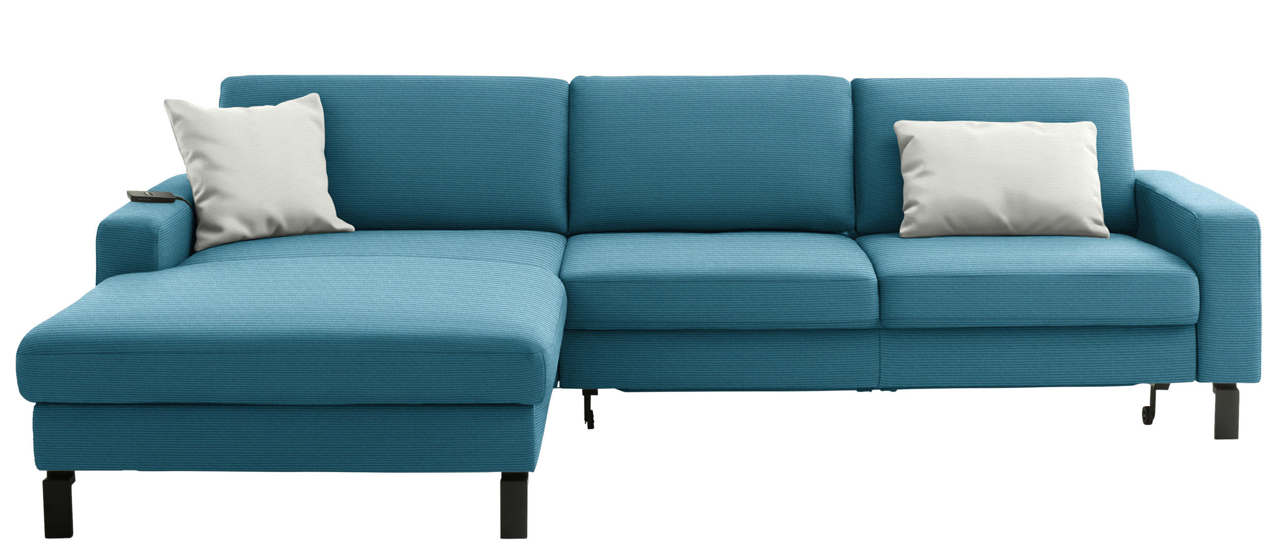 ECKSOFA  in Cord Petrol Rücken echt, Sitztiefenverstellung  185/298 cm  - Petrol/Schwarz, Design, Textil/Metall (185/298cm) - Pure Home Lifestyle