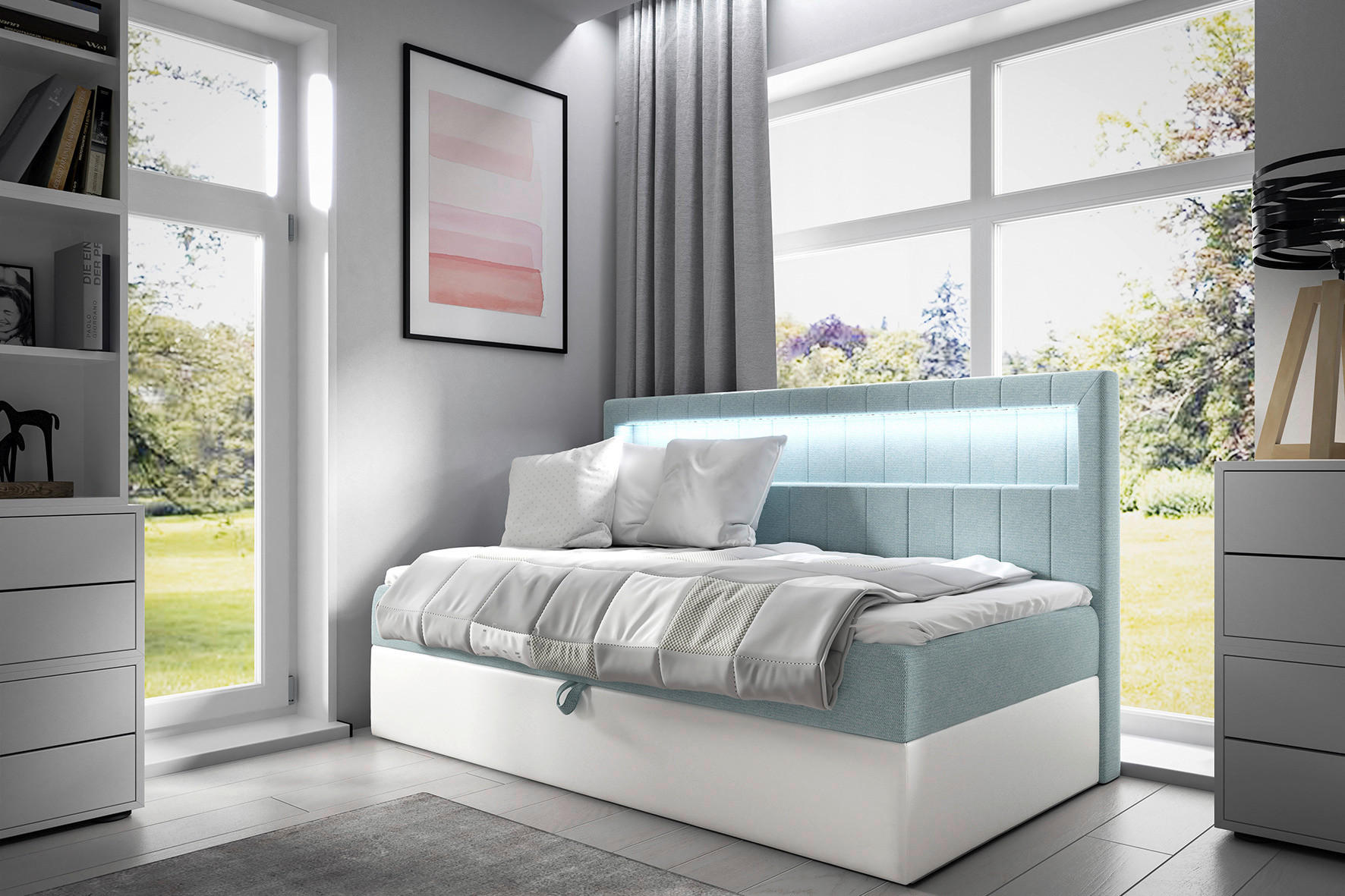 Polsterbett Mit Bettkasten 120x200 Cm Weiß / Hellblau