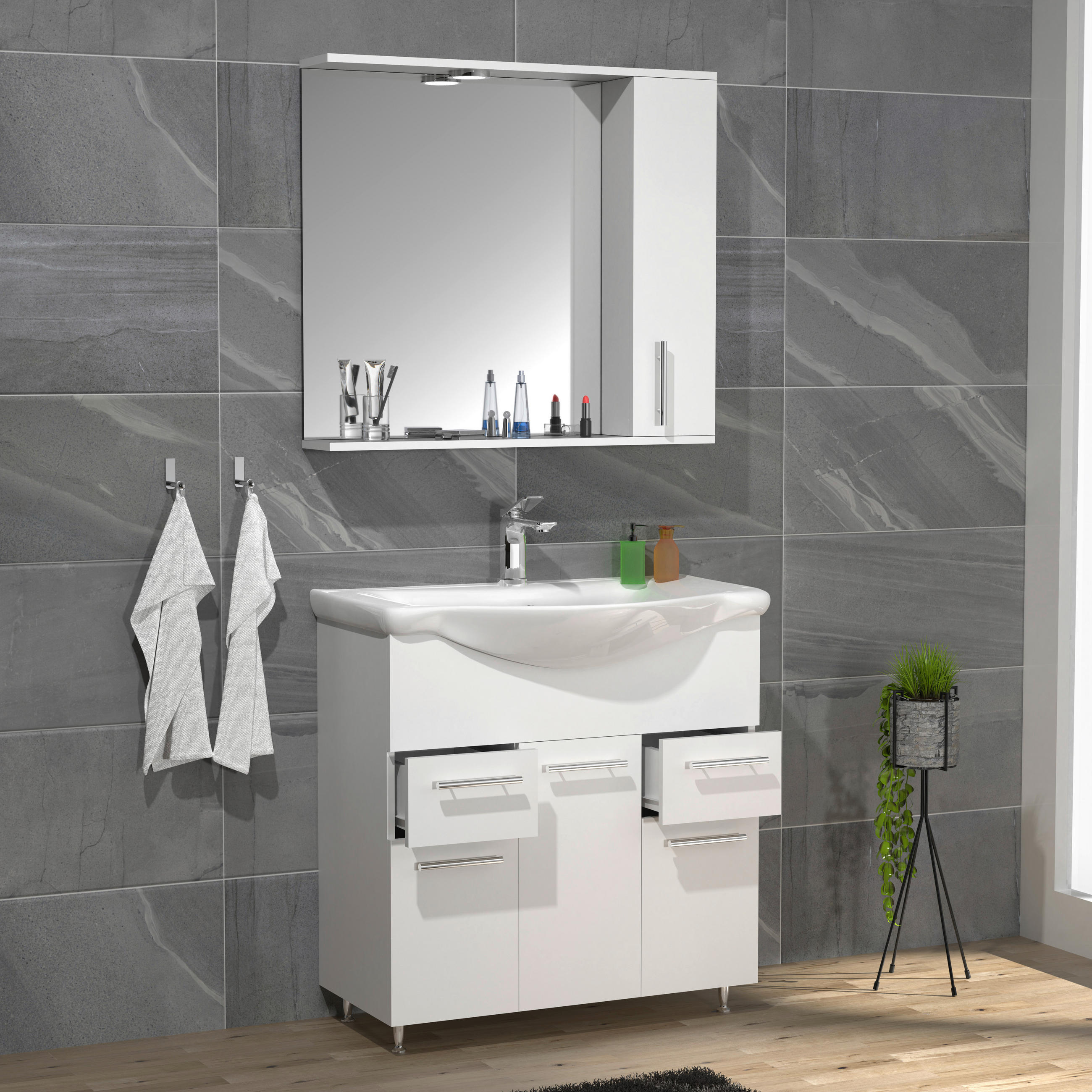 BADEZIMMER 3-teilig  in 75 cm  - Weiss/Silberfarben, Modern, Glas/Keramik (75cm) - MID.YOU