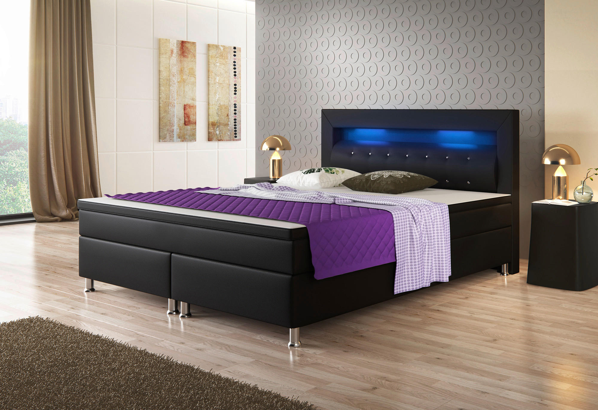 Boxspringbett mit Topper &  in Schwarz  - Silberfarben/Schwarz, KONVENTIONELL, Leder/Textil (180/115/210cm) - MID.YOU