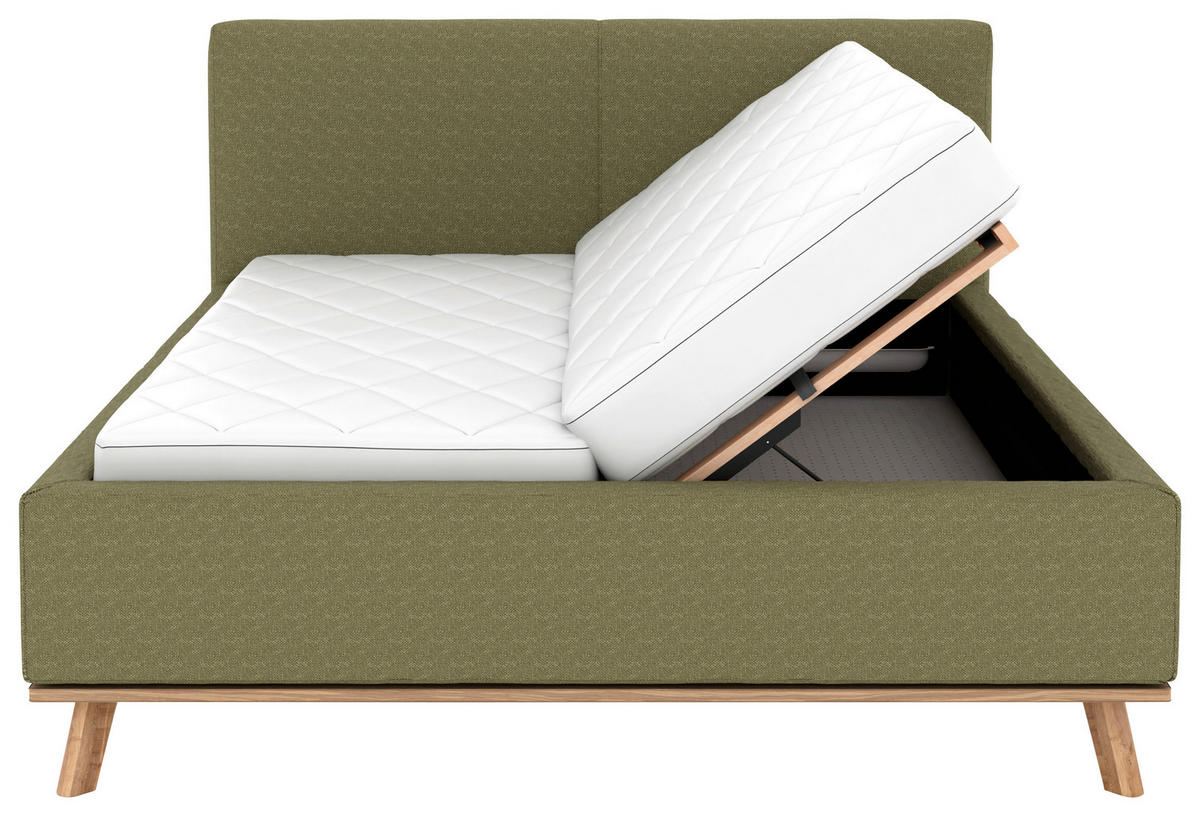 POLSTERBETT 180/200 cm,  in Olivgrün, Matratze, Lattenrost, Bettkasten, unterschiedliche Matratzenhärtegrade je Bettseite, H2 + H3 = mittel + fest  - Eichefarben/Weiß, Design, Holz/Textil (180/200cm) - Musterring