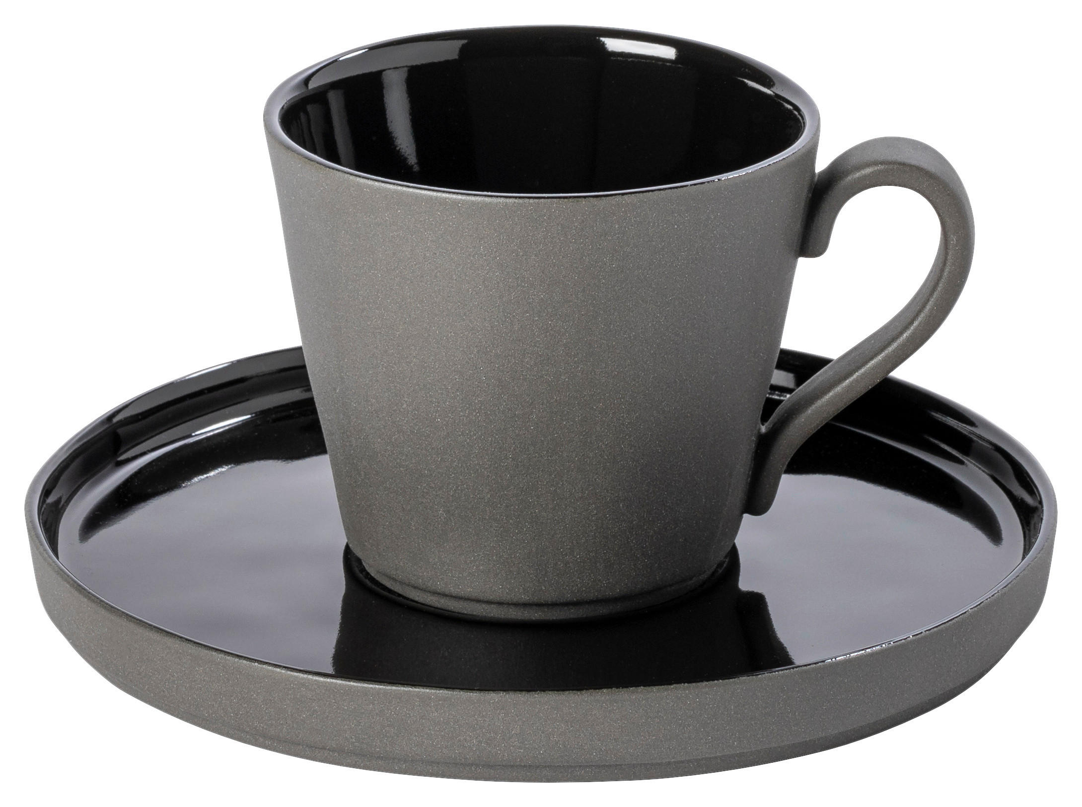 KAFFEETASSE MIT UNTERTASSE LAGOA ECOGRES  - Schwarz Hochglanz/Grau, Basics, Keramik (11/7,5/8cm) - Costa Nova