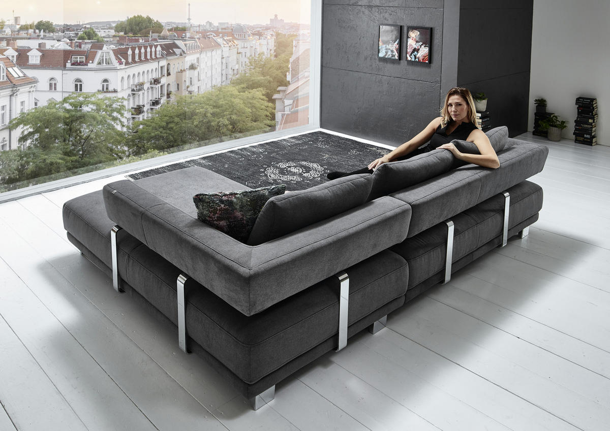 ECKSOFA in Chenille Grau  - Chromfarben/Grau, Natur, Textil/Metall (297/214cm) - Valdera