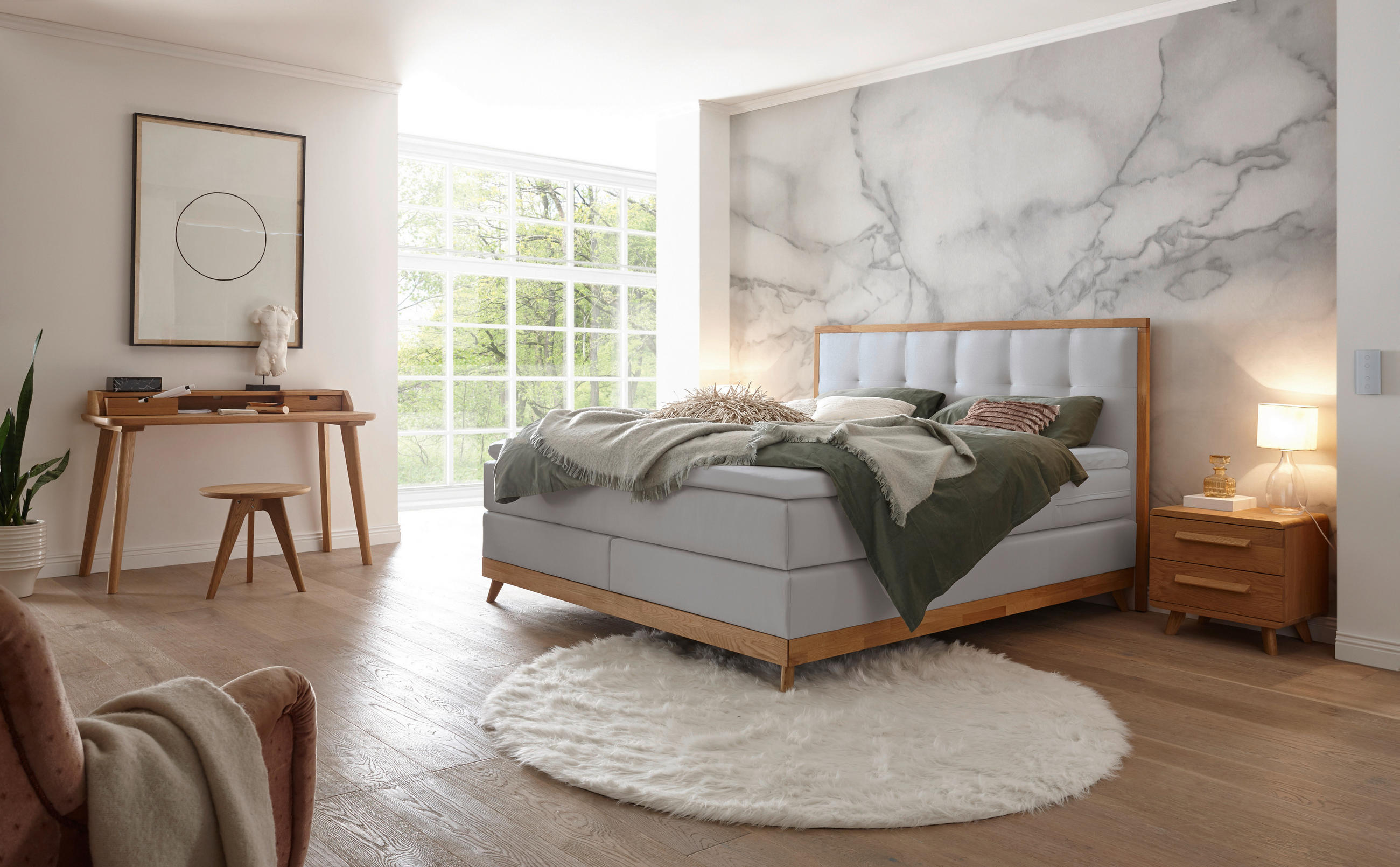 BOXSPRINGBETT 180/200 cm  in Grau, Eichefarben  - Eichefarben/Grau, KONVENTIONELL, Holz/Textil (180/200cm) - Hasena