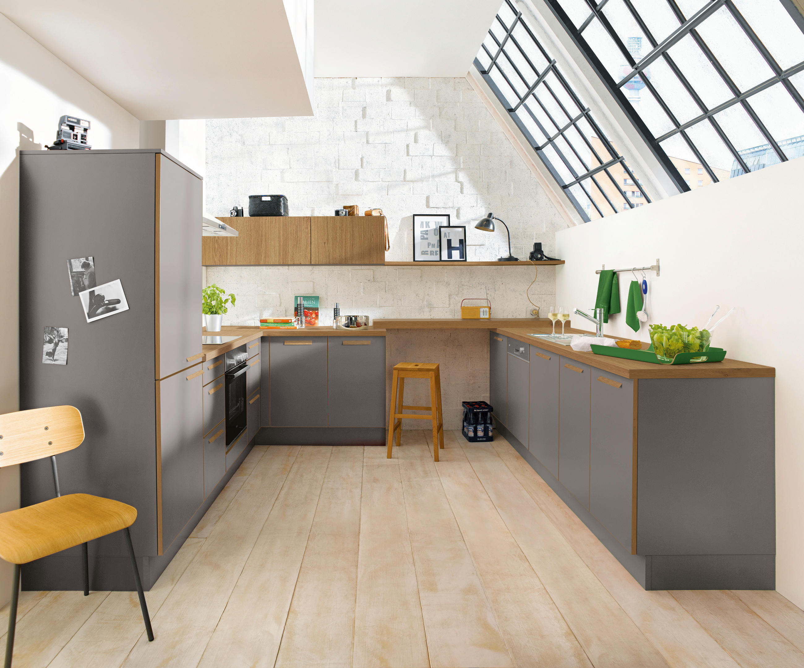 EINBAUKÜCHE STEVEN  - Eichefarben/Grau, Design, Holzwerkstoff - Novel