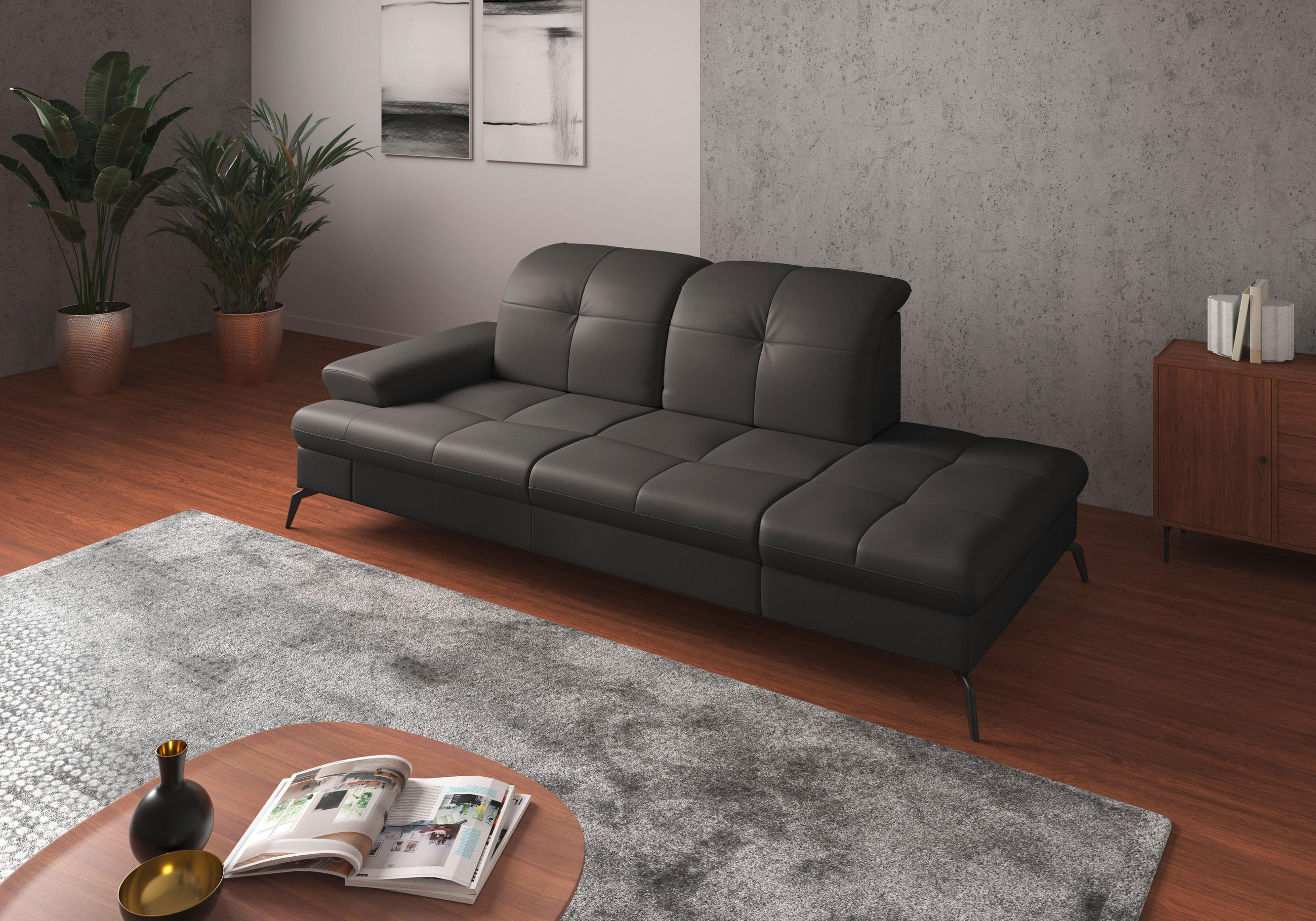 RÉCAMIERE in Echtleder Anthrazit  - Anthrazit/Schwarz, KONVENTIONELL, Leder/Metall (231/90/122cm) - Sit & More