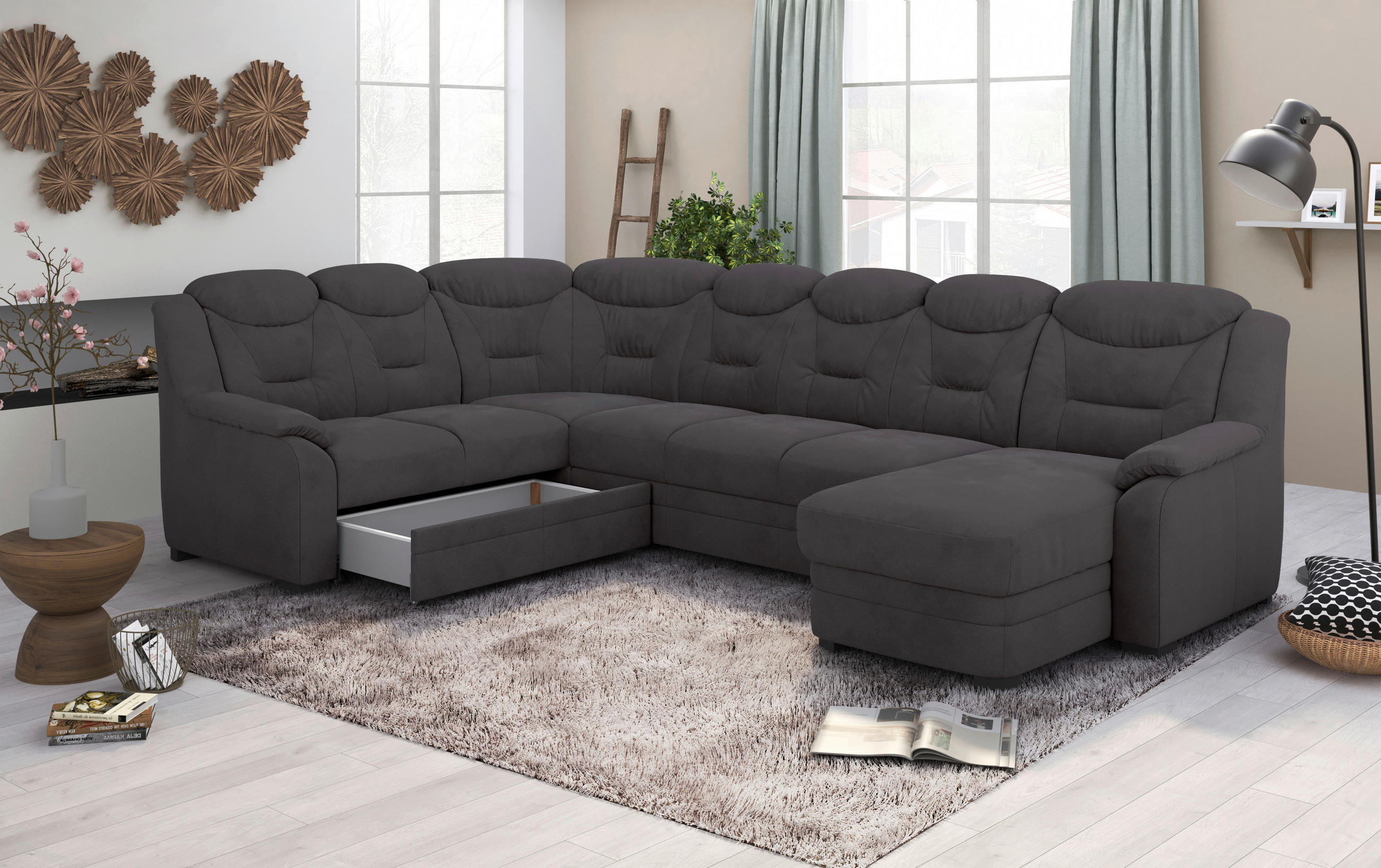 WOHNLANDSCHAFT Anthrazit Mikrofaser  - Anthrazit/Schwarz, Basics, Kunststoff/Textil (330/99/211cm) - MID.YOU