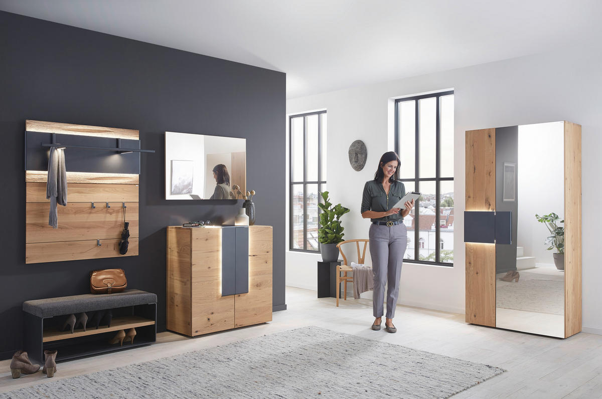 SCHUHSCHRANK Wildeiche furniert, mehrschichtige Massivholzplatte (Tischlerplatte) Anthrazit, Eichefarben  - Eichefarben/Anthrazit, Natur, Holz/Metall (96,2/99,2/43,5cm) - Voglauer