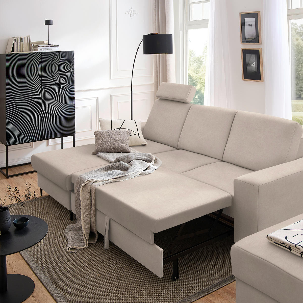 ECKSOFA in Velours Beige  - Beige/Schwarz, Konventionell, Textil/Metall (167/247cm) - Stylife