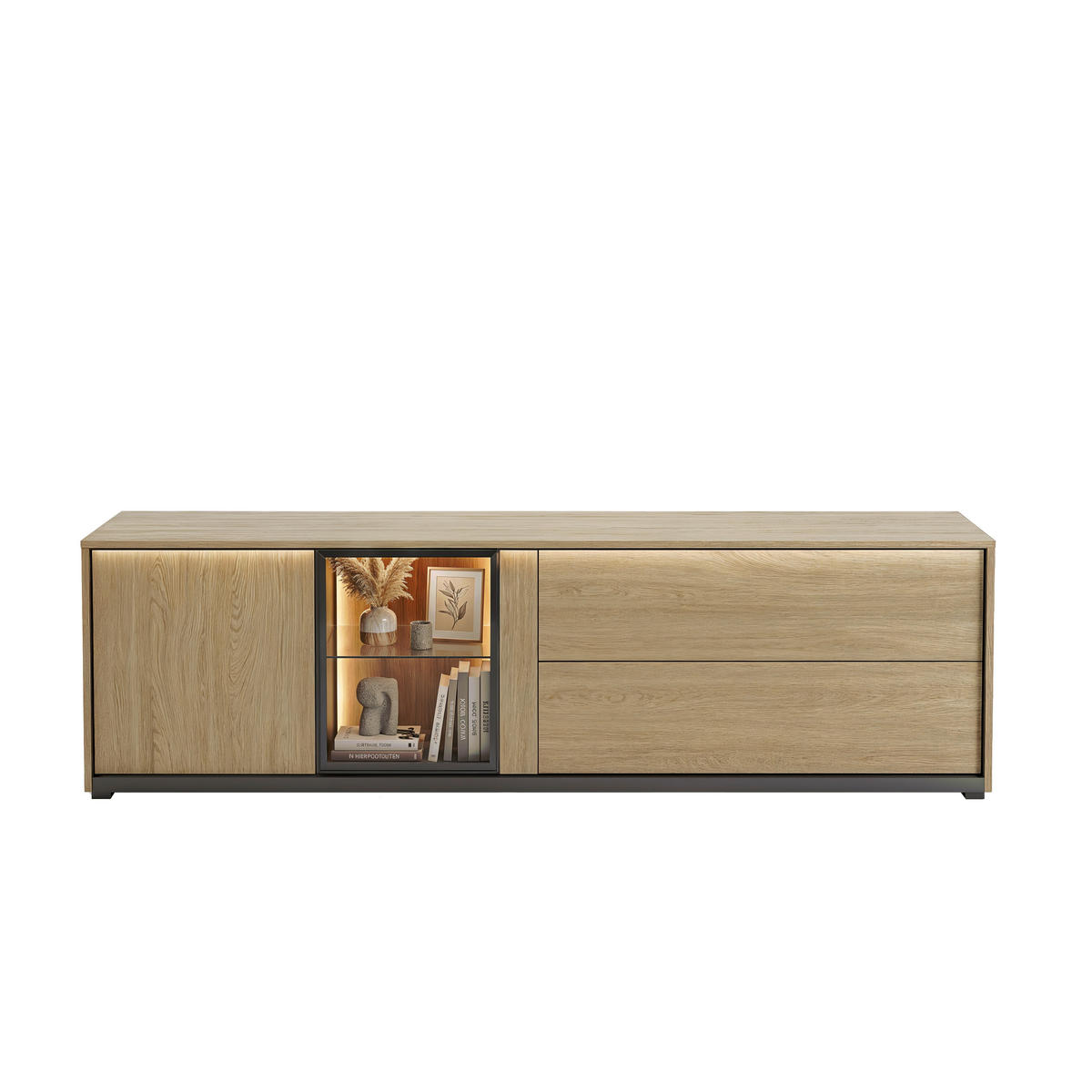TV-BÄNK FRAME 195/57/40 cm 2 låda(or) möbler i samma serie finns att köpa till, stående  - svart/ekfärgad, Modern, trämaterial/glas (195/57/40cm) - Stylife