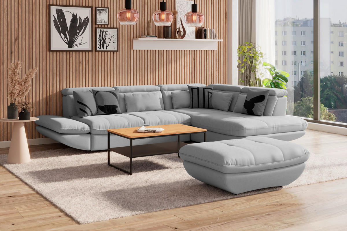 WOHNLANDSCHAFT Hellgrau Mikrofaser  - Hellgrau/Schwarz, MODERN, Kunststoff/Textil (311/233cm) - MID.YOU