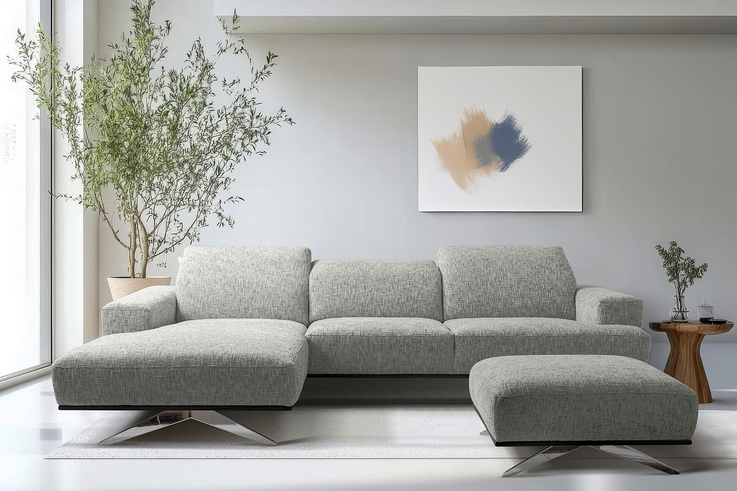 ECKSOFA PORTLAND in Struktur Grau Kopfteilverstellung  187/295 cm  - Chromfarben/Grau, Design, Holz/Textil (187/295cm) - Livetastic