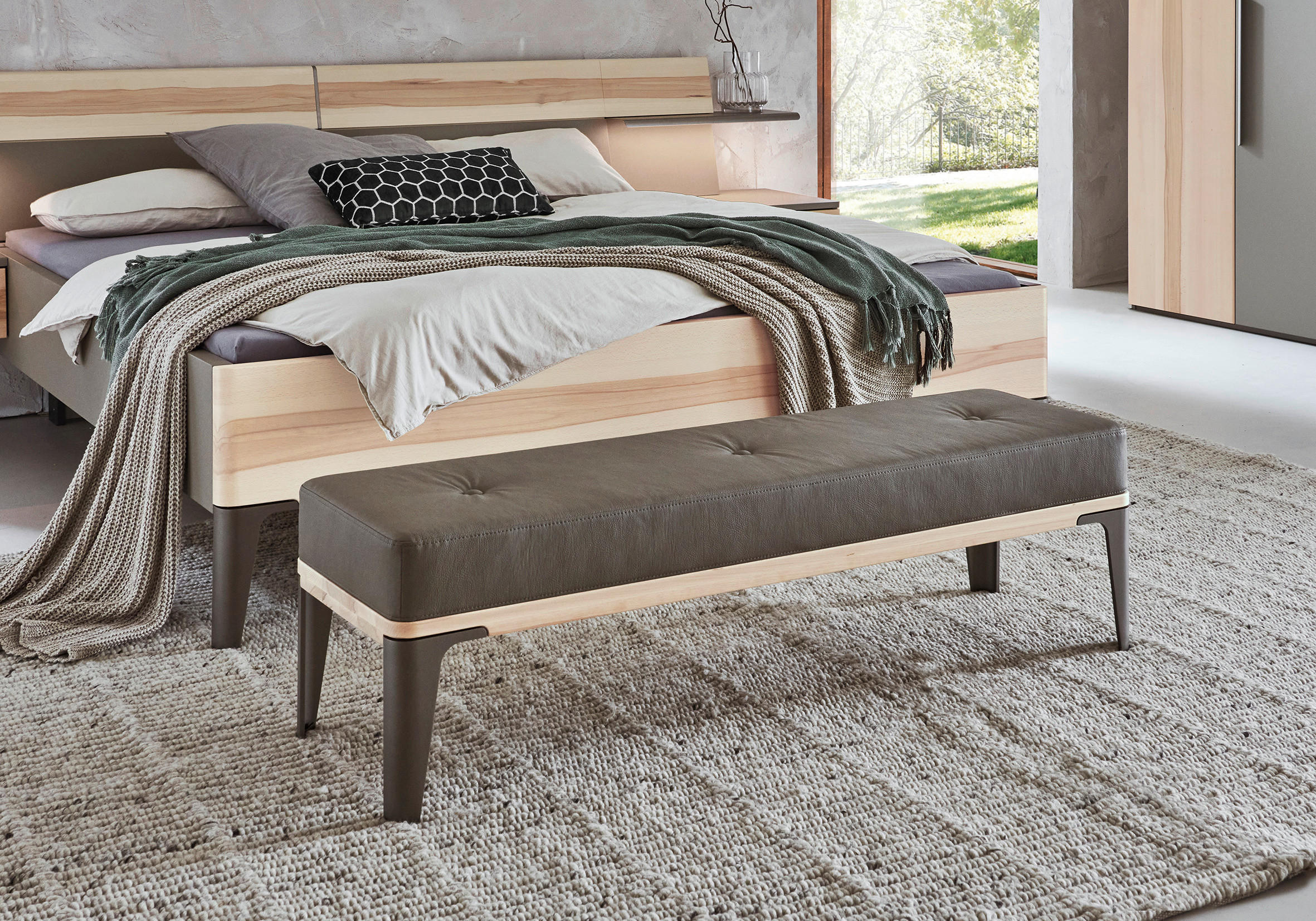 BETTBANK Lederlook Buche Taupe, Buchefarben  - Taupe/Titanfarben, Design, Holz/Textil (140/42/40cm) - Valdera