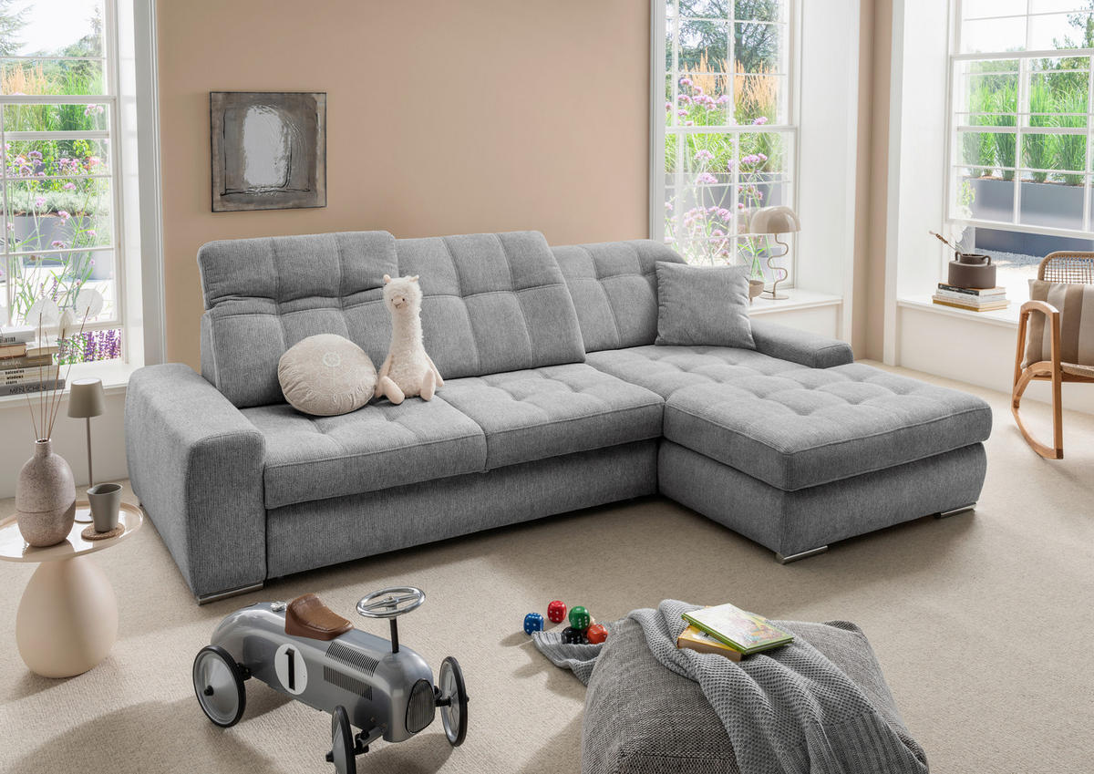 ECKSOFA FRIDO Dunkelgrau Chenille Rücken echt, Kopfteilverstellung, Sitztiefenverstellung  - Chromfarben/Dunkelgrau, KONVENTIONELL, Textil/Metall (283/186cm) - Livetastic