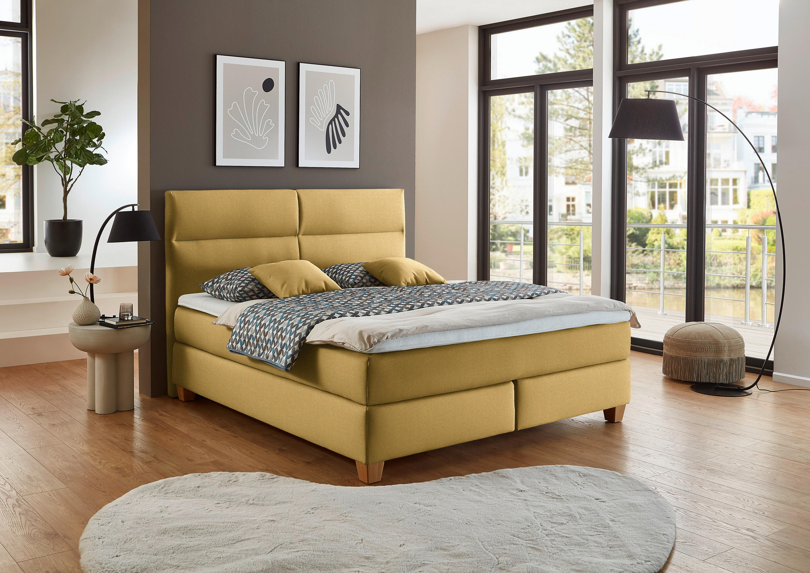 Thumbnail - Beldomo - Sleep Boxspringbett, Currygelb, Textil, Buche, massiv, H3 + H4, Höhe ca. 21 cm, 180x200 cm, Goldenes M, Made i...
