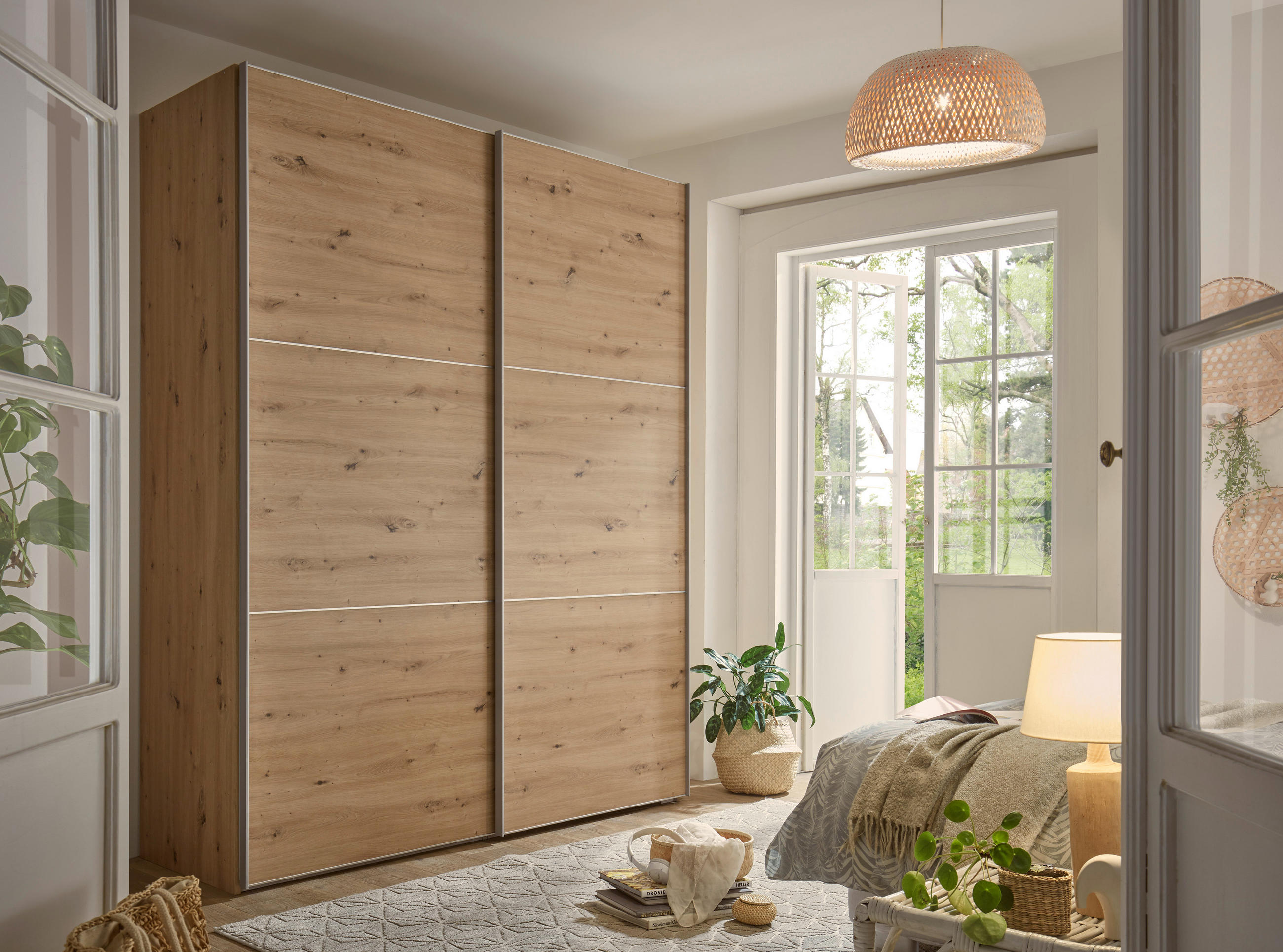 SCHWEBETÜRENSCHRANK in Eiche Artisan  - Alufarben/Eiche Artisan, Holzwerkstoff/Metall (200/222/68cm) - Moderano