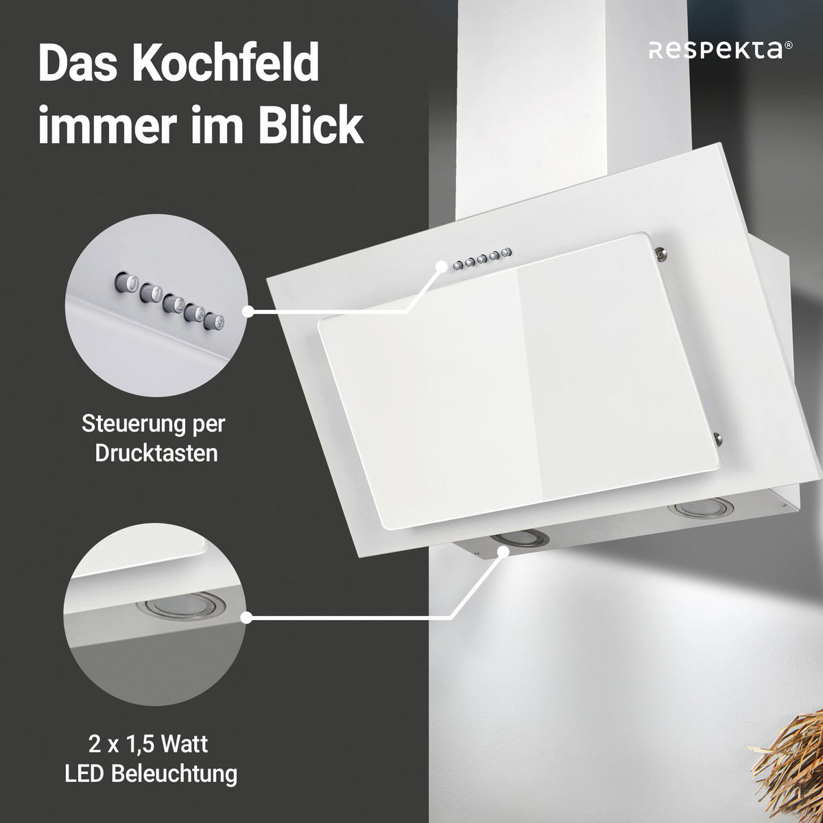 DUNSTABZUGSHAUBE CH33060WB  - Weiß, Trend, Glas/Metall (59,5/68,1-101,1/30cm) - Respekta