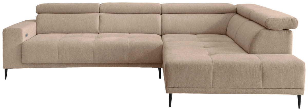 ECKSOFA INTERA Hellbraun Struktur Kopfteilverstellung, Sitzvorzug  - Hellbraun/Schwarz, KONVENTIONELL, Textil/Metall (305/225cm) - Livetastic