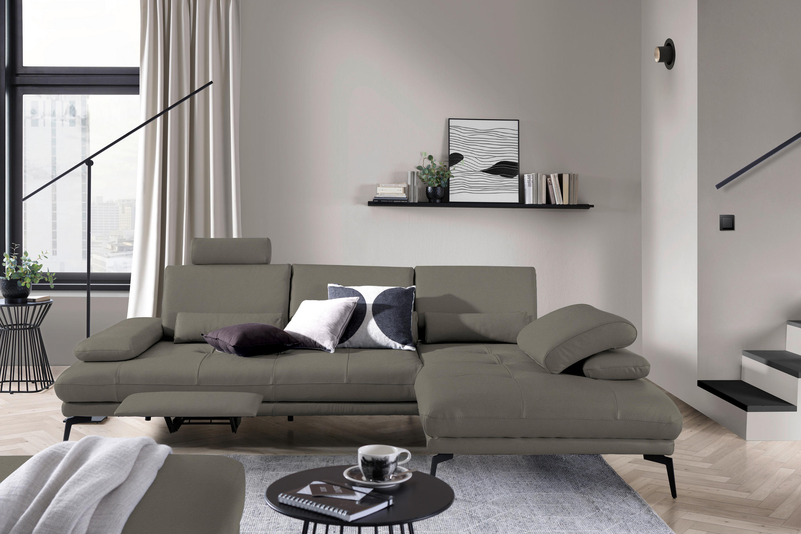 ECKSOFA in Echtleder Graubraun  - Graubraun/Schwarz, Design, Leder/Metall (273/187cm) - Celina Home