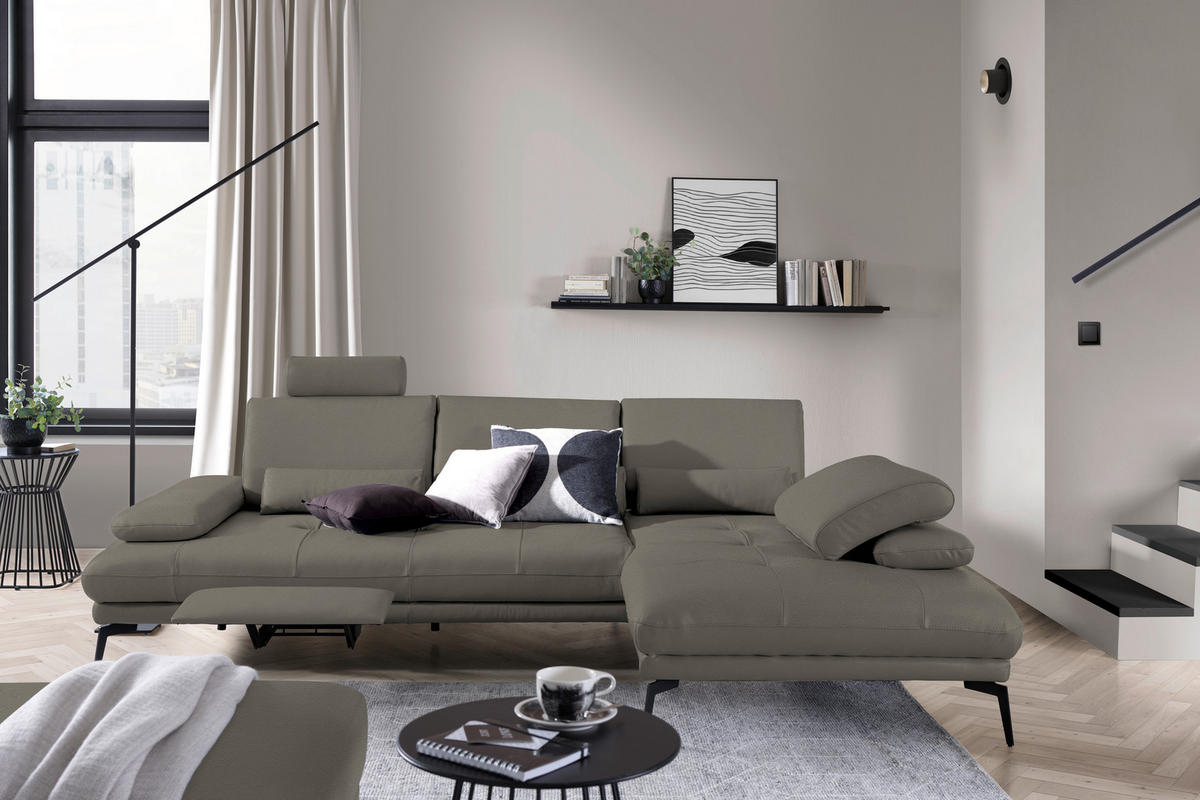 ECKSOFA Graubraun Echtleder  - Graubraun/Schwarz, Design, Leder/Metall (273/187cm) - Celina Home