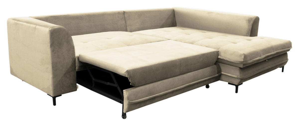 ECKSCHLAFSOFA  mit Rücken echt, Armteil rechts Velours Beige  - Beige/Schwarz, Design, Textil/Metall (277/187cm) - Livetastic
