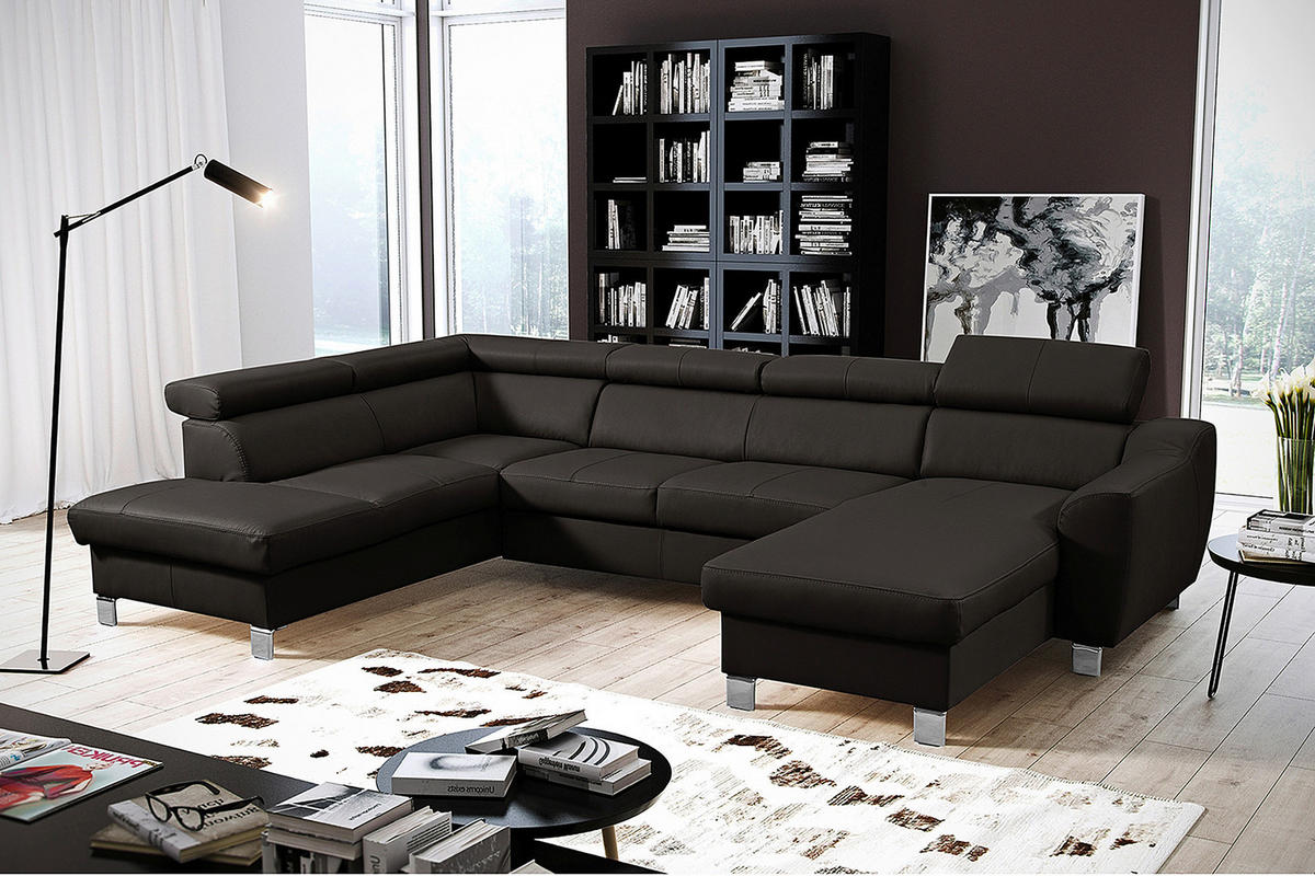 WOHNLANDSCHAFT in Lederlook Echtleder Dunkelbraun  - Chromfarben/Dunkelbraun, Design, Leder/Textil (208/315/175cm) - Livetastic