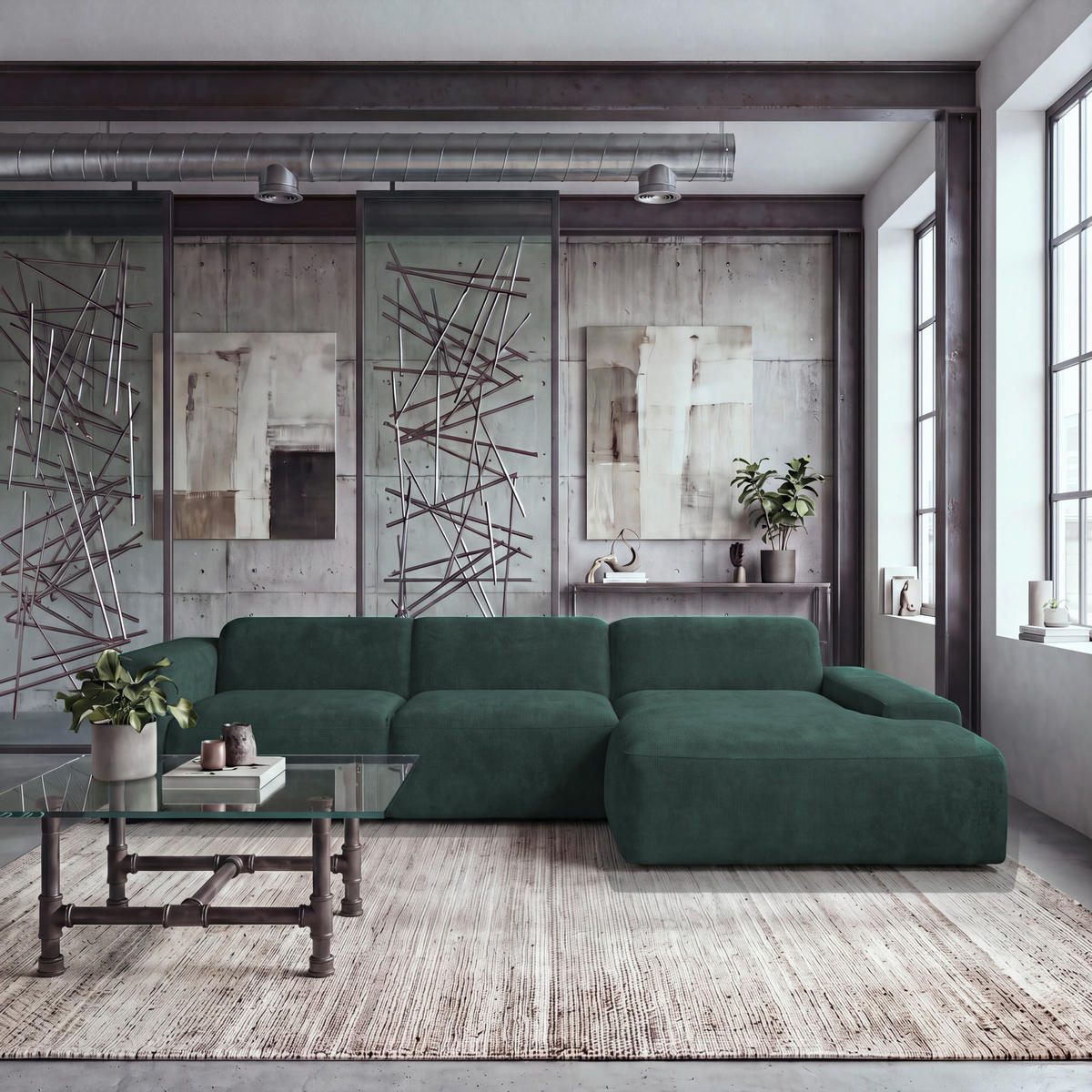 ECKSOFA HANNAH Grün Cord  - Schwarz/Grün, Design, Kunststoff/Textil (343/170cm) - MID.YOU