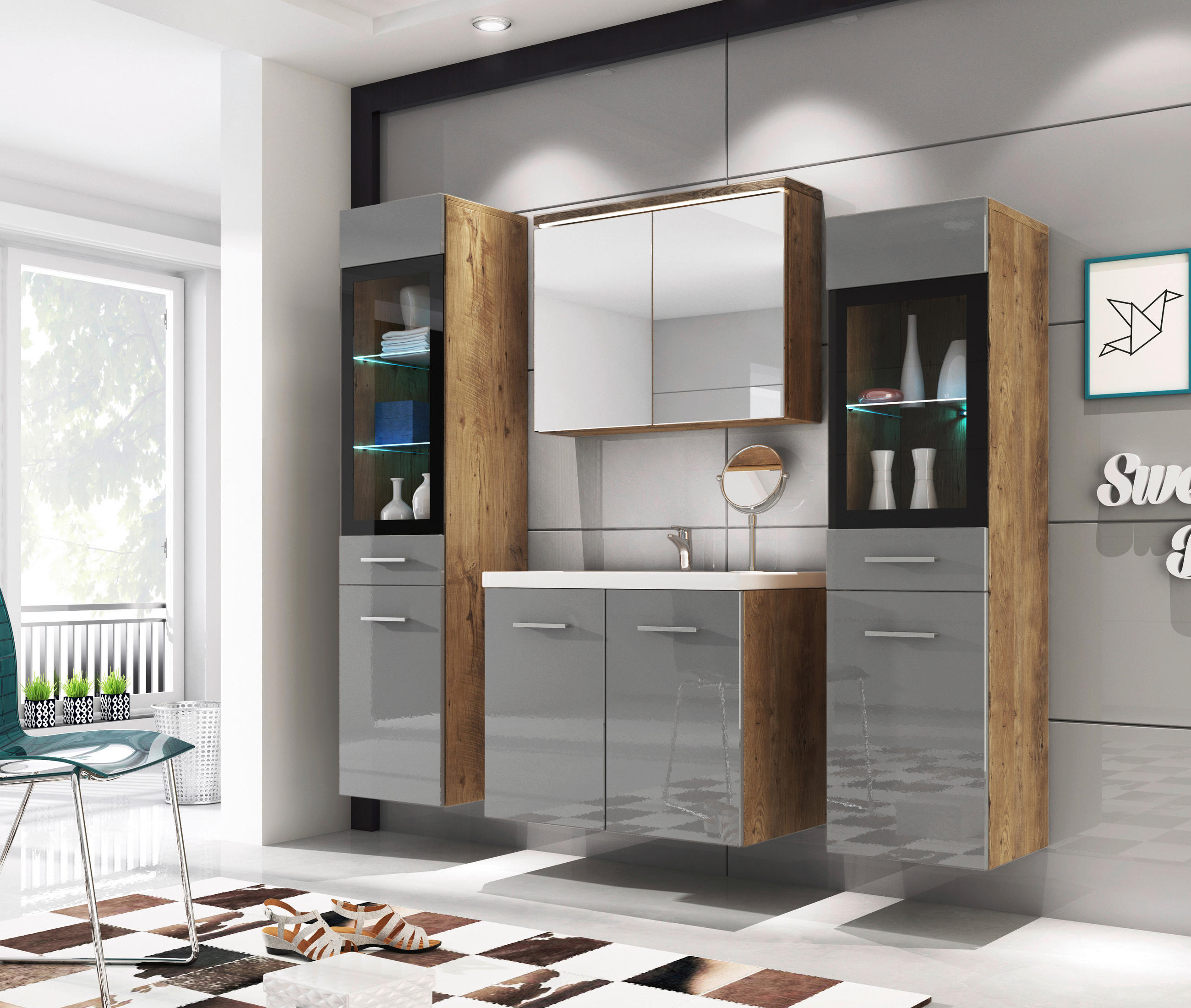 BADEZIMMER 5-teilig  in 120 cm  - Kastanienfarben/Weiß, Basics, Glas/Holzwerkstoff (120cm) - P & B